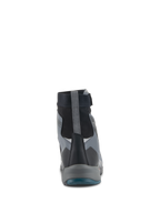 Alpinestars CR-8 GORE-TEX Shoes, Motorcycle Riding Shoes, Black Dark Gray and Petrol Blue, rear view featuring the high-cut waterproof bootie, gray heel pull tab, and layered protective panels