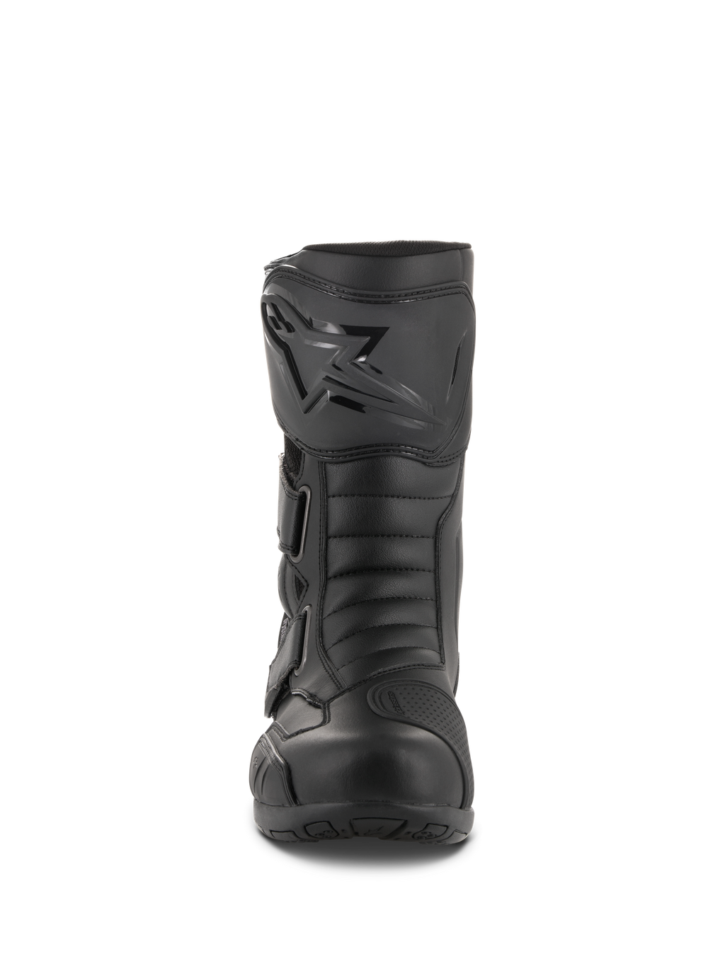 Alpinestars Radon Drystar® laarzen, waterdichte touring motorlaarzen, zwart, vooraanzicht met de scheenplaat met Alpinestars-logo, verstelbare bandjes en versterkte teenbox