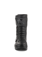 Alpinestars Radon Drystar® laarzen, waterdichte touring motorlaarzen, zwart, vooraanzicht met de scheenplaat met Alpinestars-logo, verstelbare bandjes en versterkte teenbox