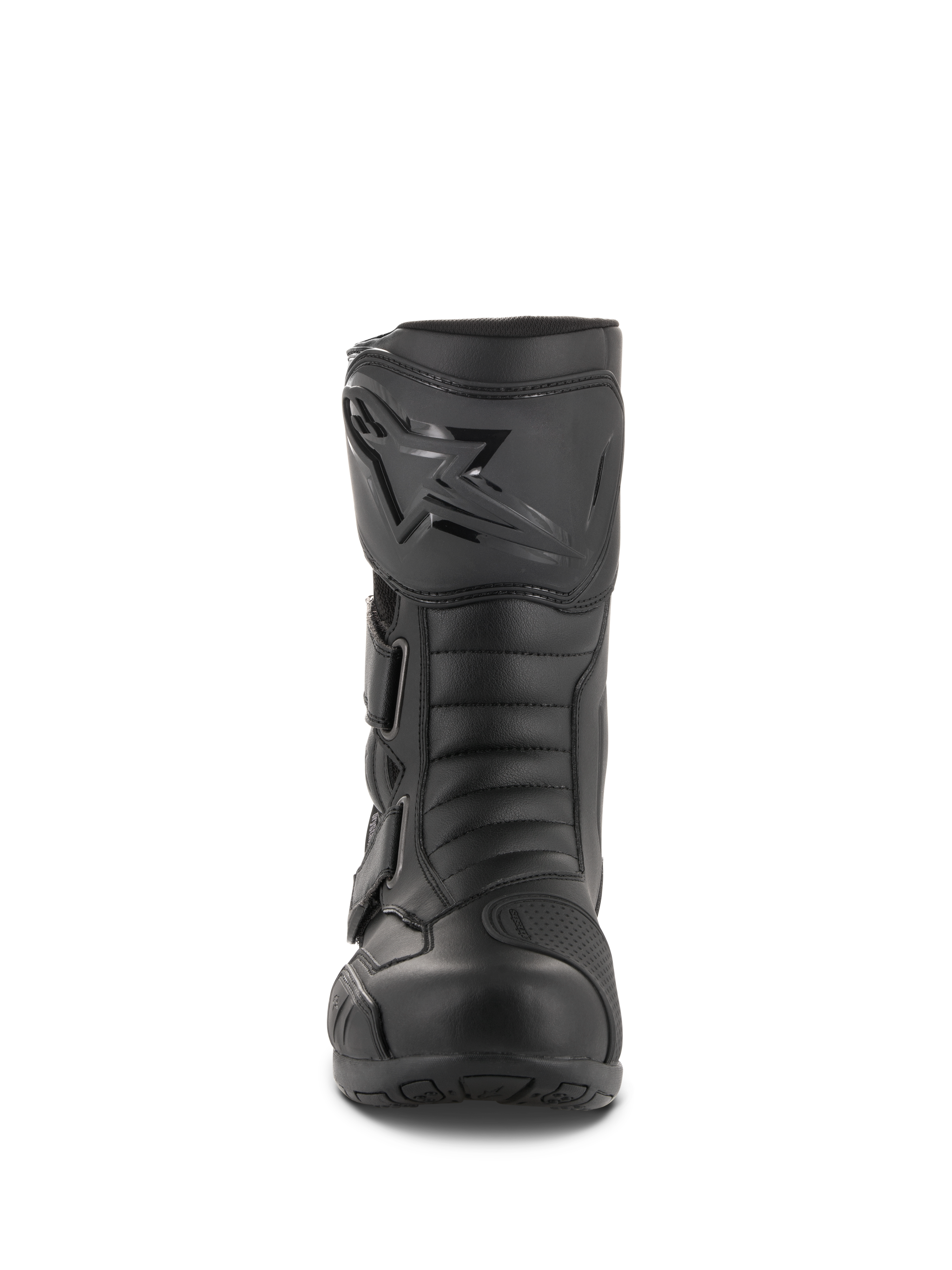 Alpinestars Radon Drystar® laarzen, waterdichte touring motorlaarzen, zwart, vooraanzicht met de scheenplaat met Alpinestars-logo, verstelbare bandjes en versterkte teenbox