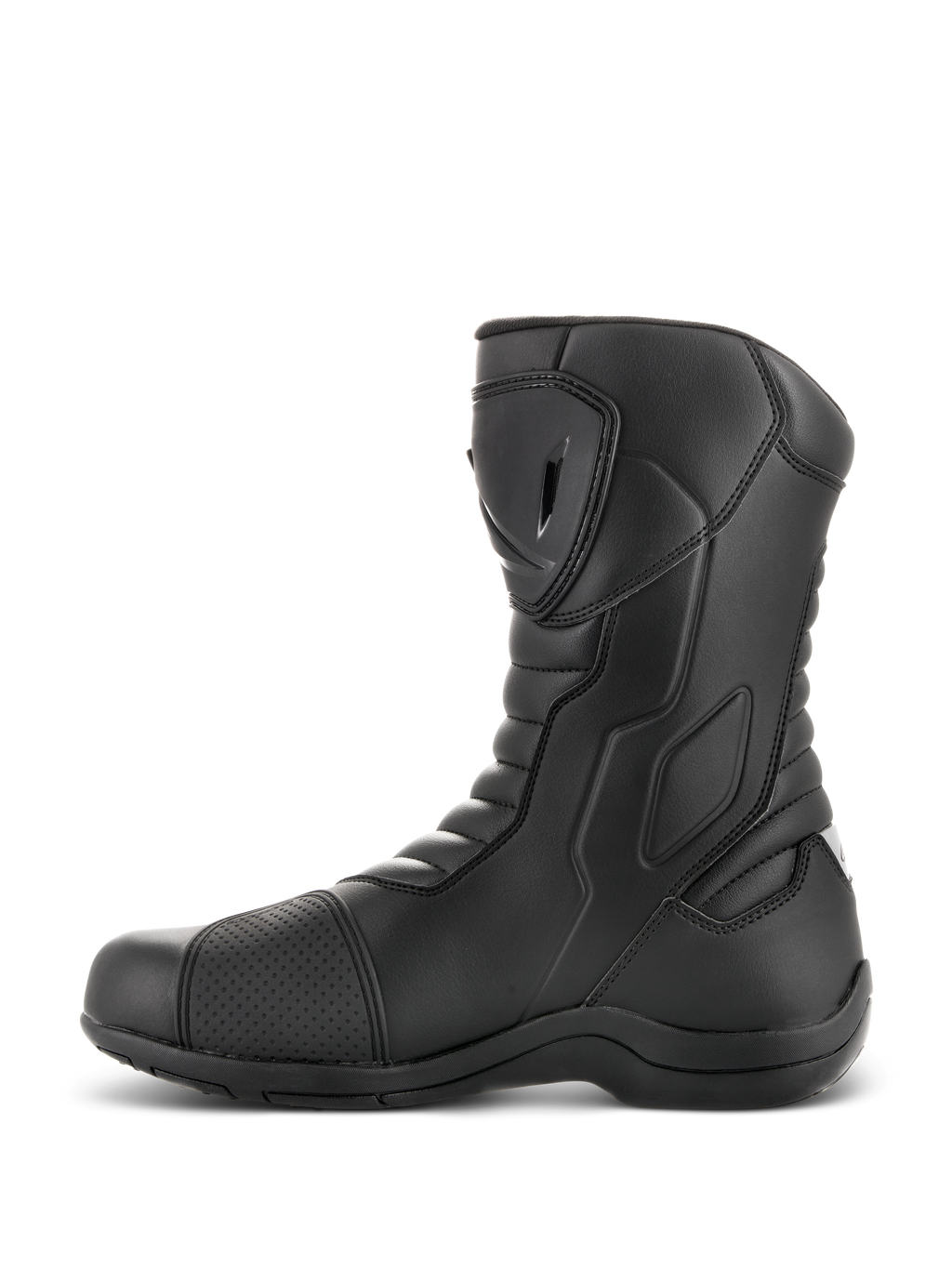 Alpinestars Radon Drystar® laarzen, touring motorlaarzen, zwart, zijaanzicht met TPU-scheenplaat en schakelpad, accordeon flex-zones, duurzame microvezelconstructie voor adventure rijden