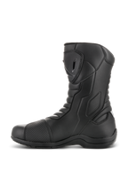 Alpinestars Radon Drystar® laarzen, touring motorlaarzen, zwart, zijaanzicht met TPU-scheenplaat en schakelpad, accordeon flex-zones, duurzame microvezelconstructie voor adventure rijden