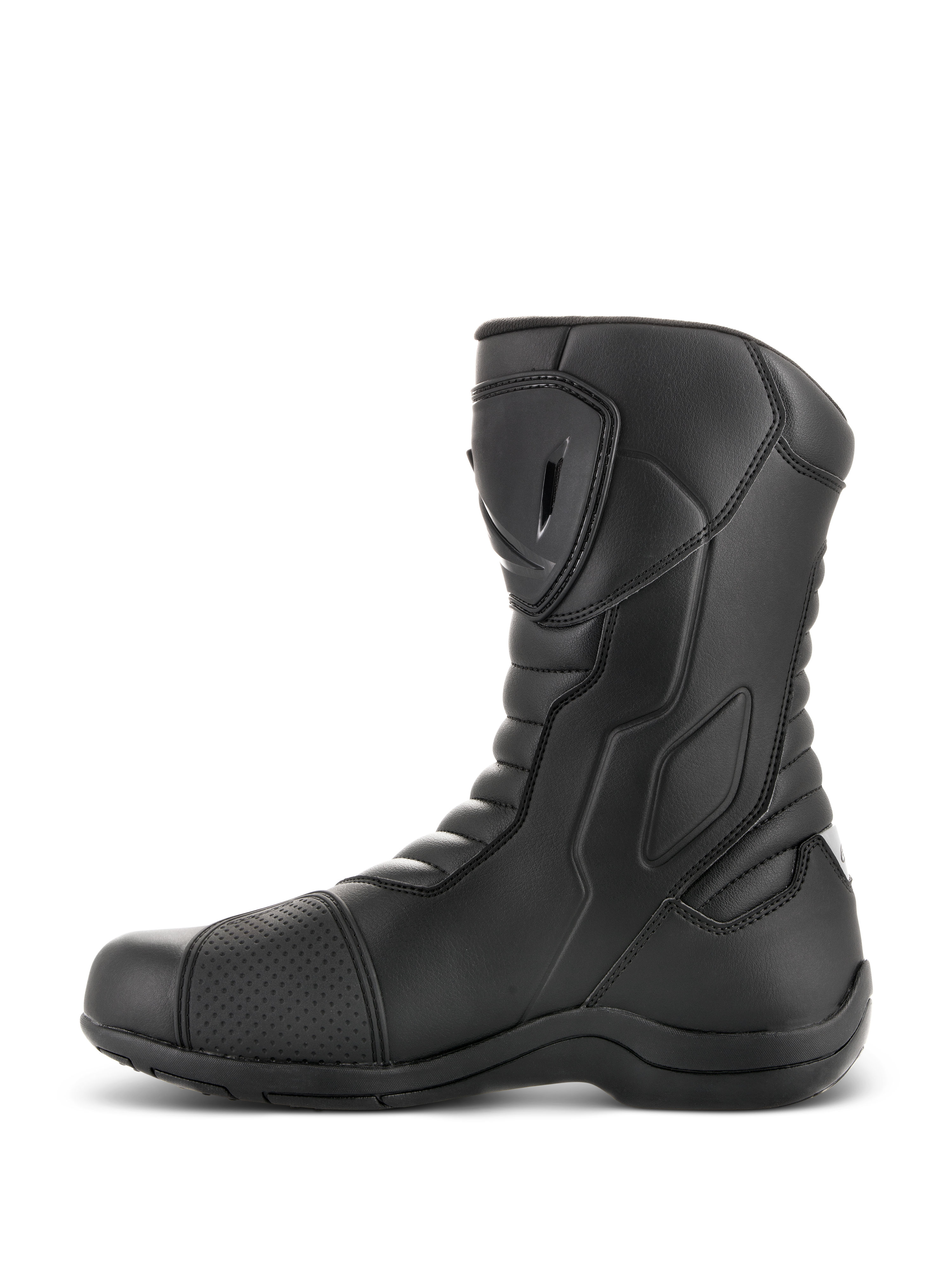 Alpinestars Radon Drystar® laarzen, touring motorlaarzen, zwart, zijaanzicht met TPU-scheenplaat en schakelpad, accordeon flex-zones, duurzame microvezelconstructie voor adventure rijden