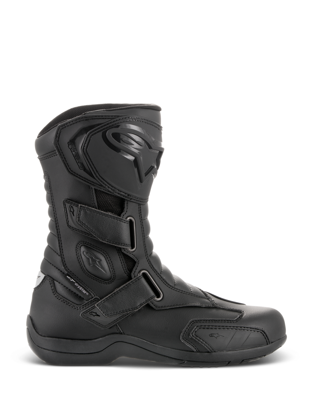 Alpinestars Radon Drystar® laarzen, zwarte waterdichte motor-tourlaarzen, zijprofiel met drie verstelbare klittenbandsluitingen, beschermende TPU-scheenplaat met Alpinestars-logo, versterkte enkelbescherming en duurzame gevulkaniseerde zool.