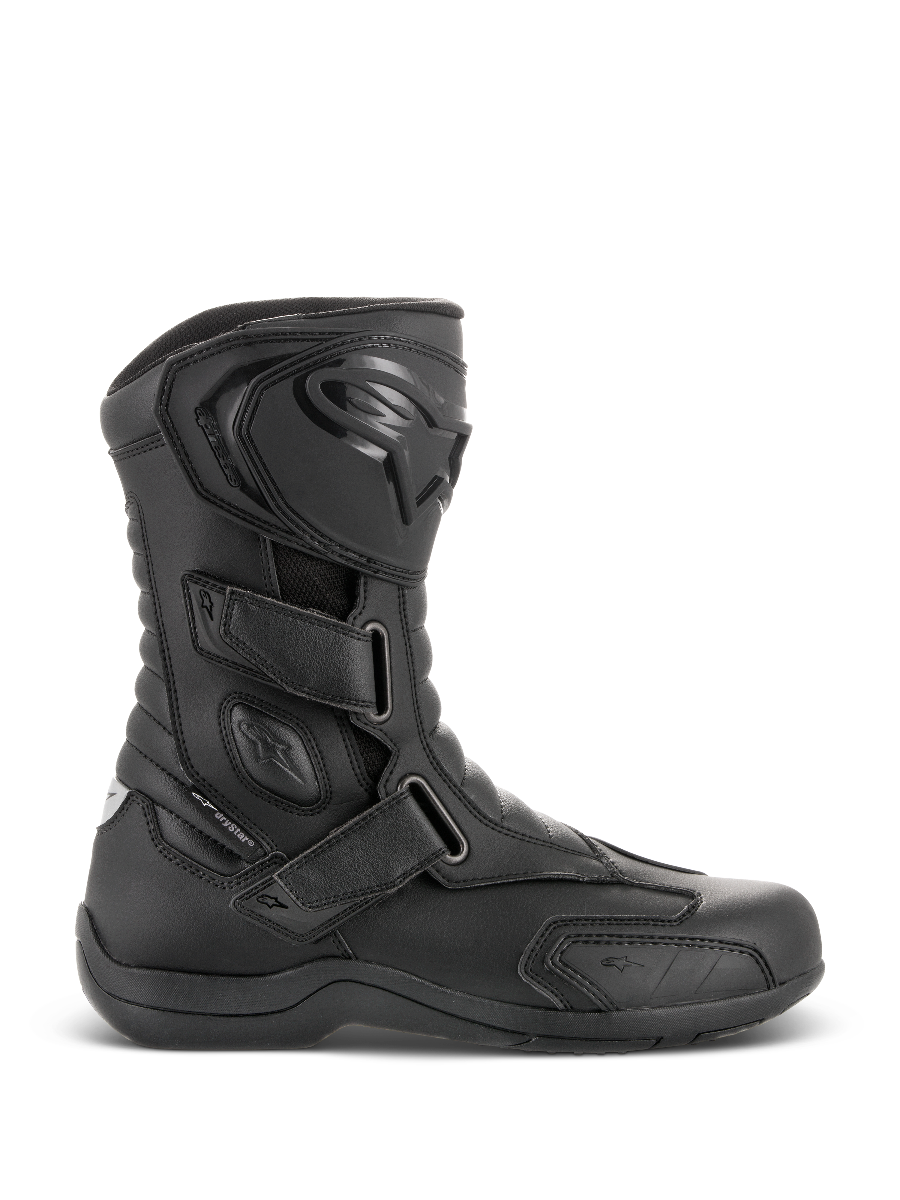 Alpinestars Radon Drystar® laarzen, zwarte waterdichte motor-tourlaarzen, zijprofiel met drie verstelbare klittenbandsluitingen, beschermende TPU-scheenplaat met Alpinestars-logo, versterkte enkelbescherming en duurzame gevulkaniseerde zool.
