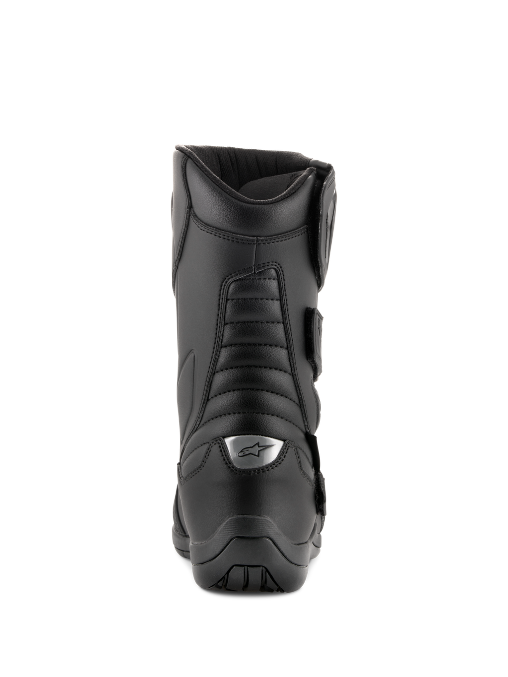Alpinestars Radon Drystar® laarzen, zwart, tourmotorlaarzen, achteraanzicht met accordeon flex-zones en zilveren logo op de hiel, duurzame microvezel constructie