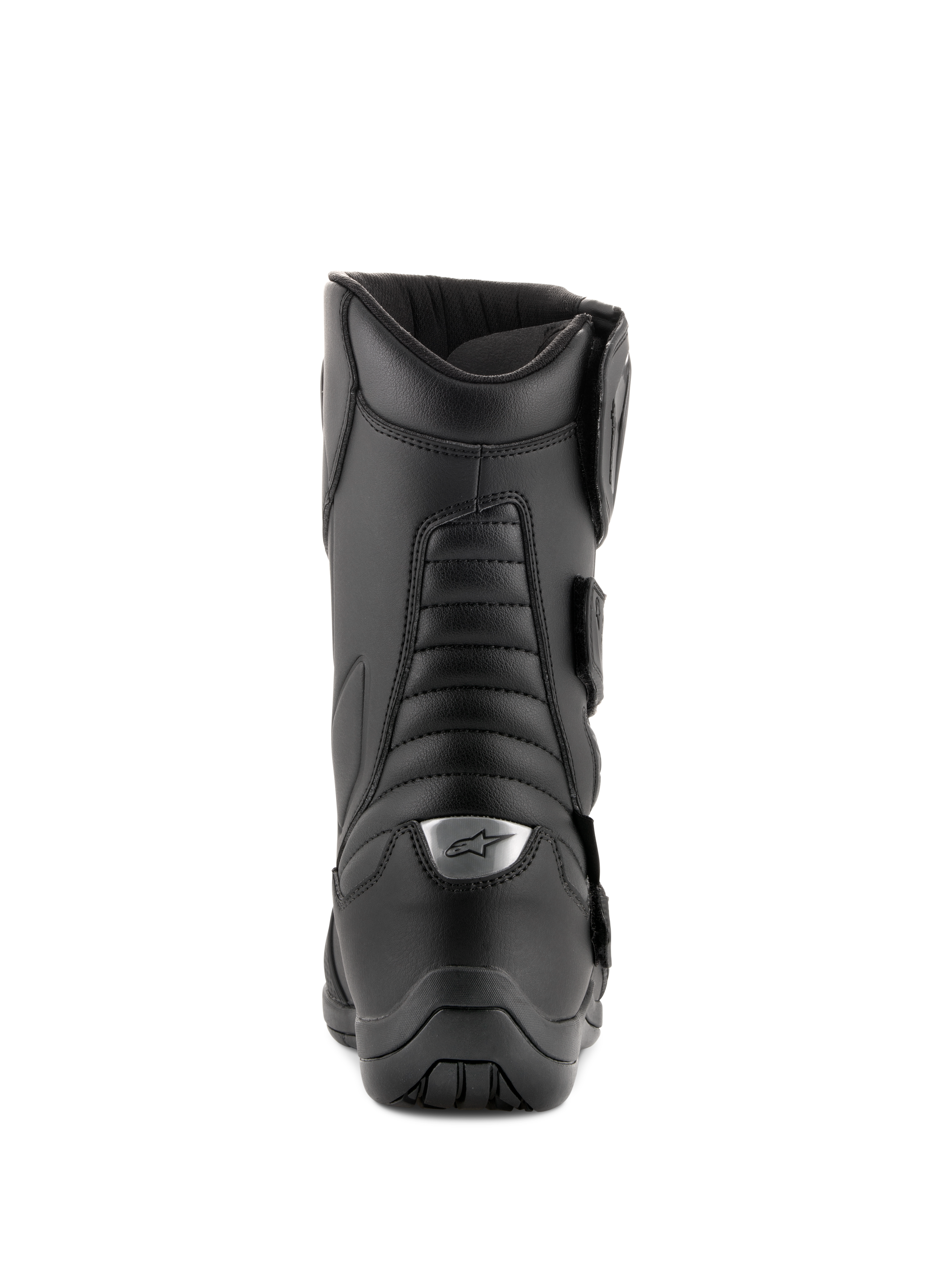 Alpinestars Radon Drystar® laarzen, zwart, tourmotorlaarzen, achteraanzicht met accordeon flex-zones en zilveren logo op de hiel, duurzame microvezel constructie
