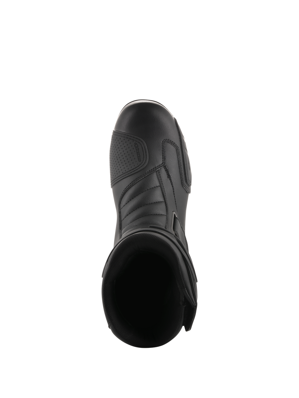 Alpinestars Radon Drystar® laarzen, zwart, bovenaanzicht van motor touringlaarzen met een verstevigd schakelvlak en ergonomische teenbox, strak synthetisch materiaal voor waterdichte prestaties in alle seizoenen