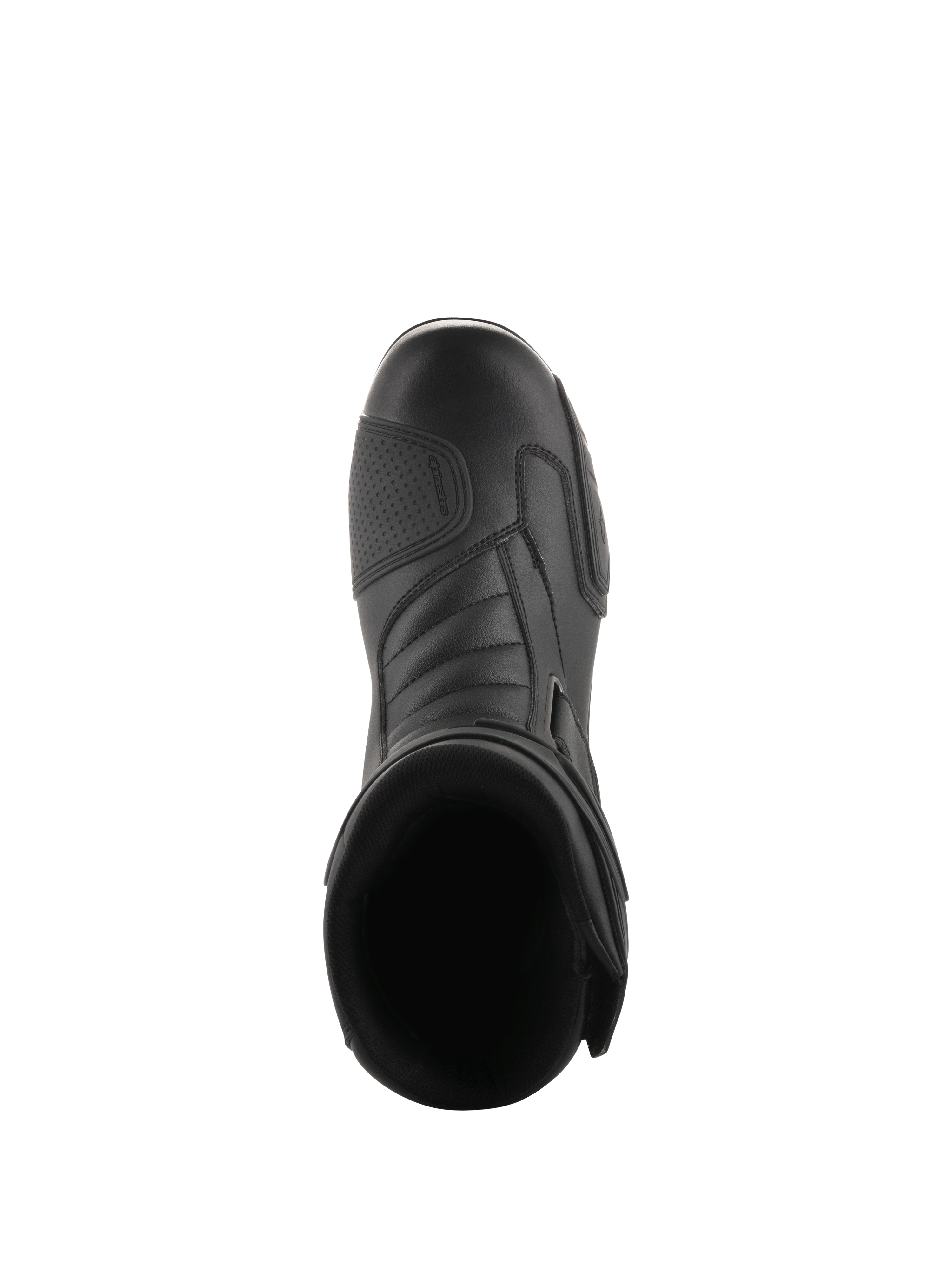 Alpinestars Radon Drystar® laarzen, zwart, bovenaanzicht van motor touringlaarzen met een verstevigd schakelvlak en ergonomische teenbox, strak synthetisch materiaal voor waterdichte prestaties in alle seizoenen