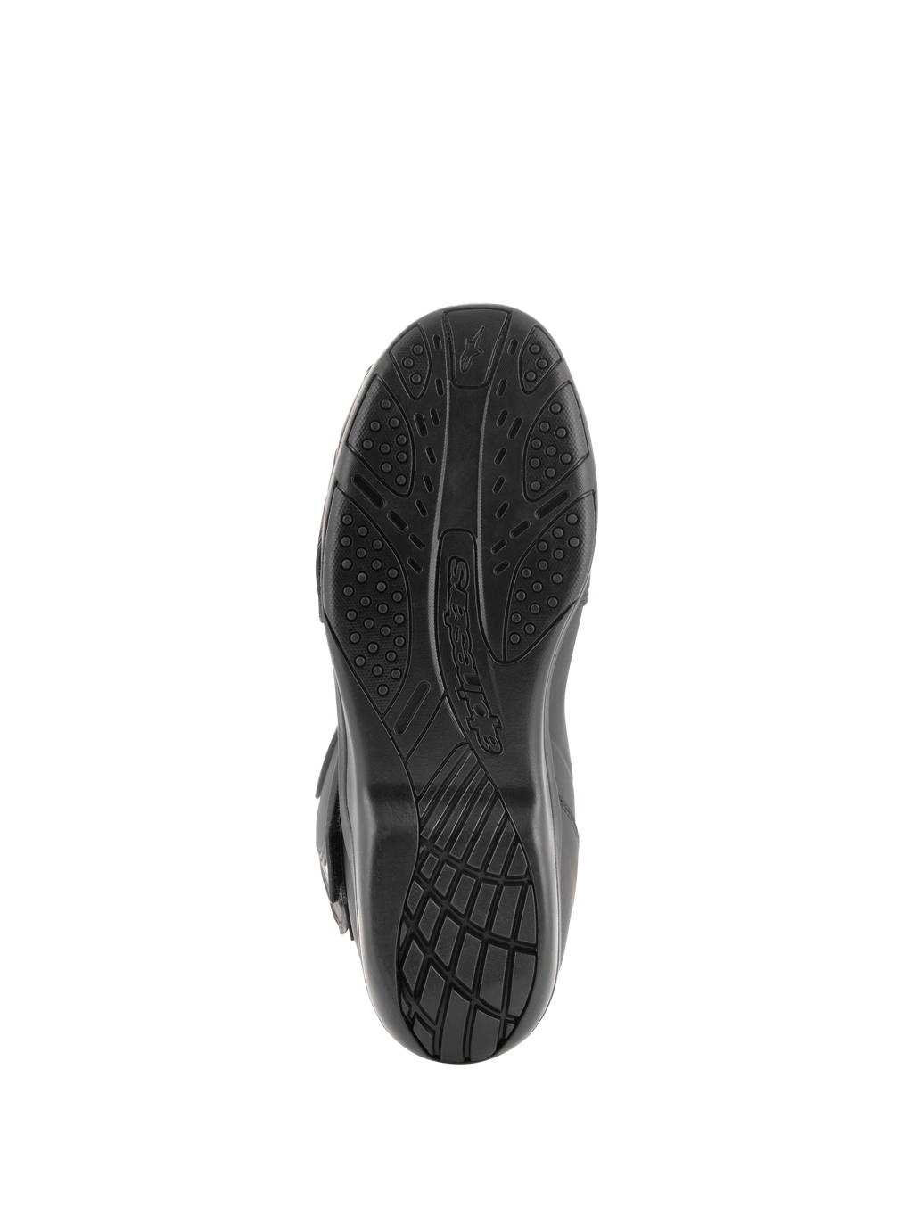 Alpinestars Radon Drystar® laarzen, motorlaarzen voor touring, onderaanzicht van de zwarte gevulkaniseerde compound zool met getextureerde grippatronen en Alpinestars-branding.