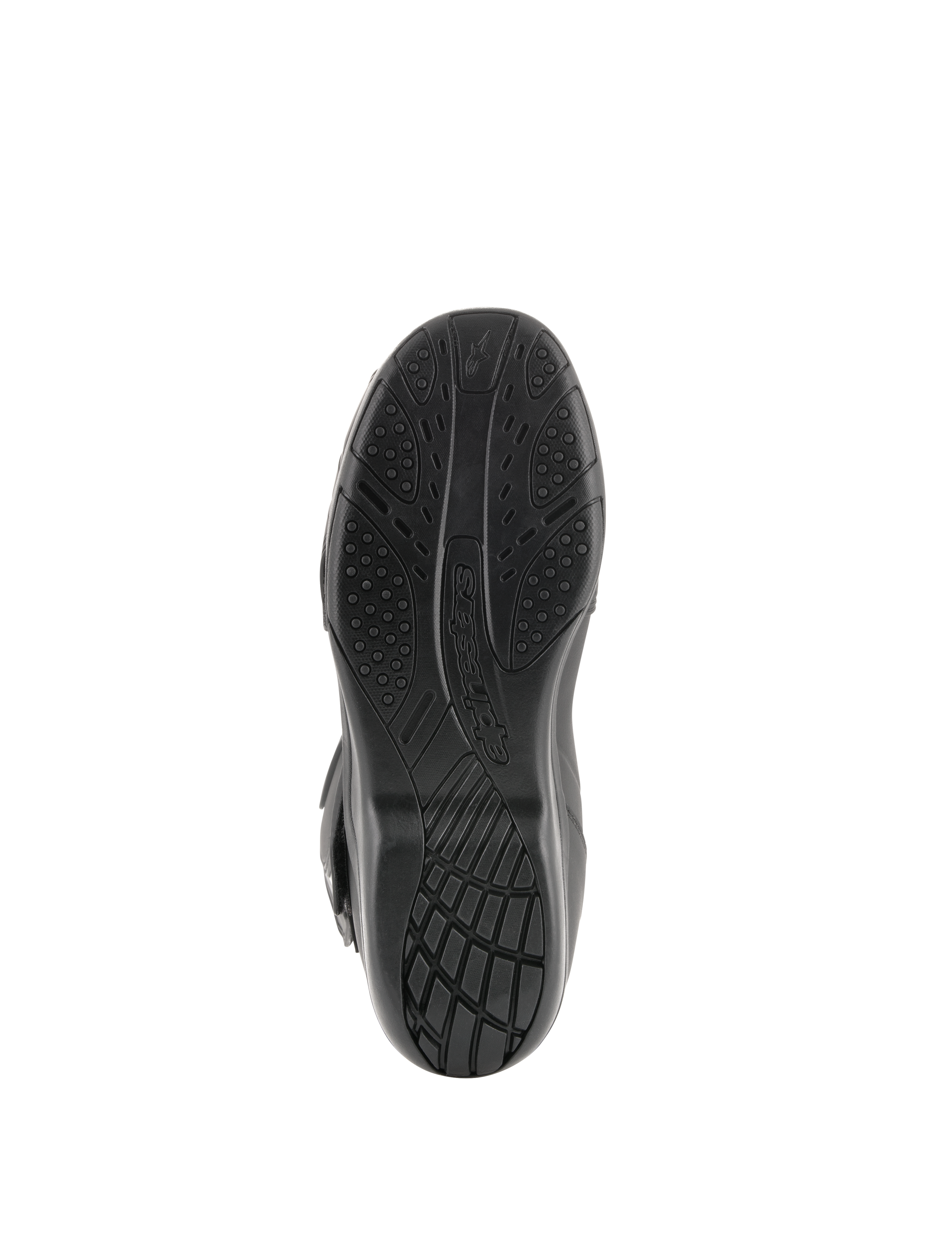 Alpinestars Radon Drystar® laarzen, motorlaarzen voor touring, onderaanzicht van de zwarte gevulkaniseerde compound zool met getextureerde grippatronen en Alpinestars-branding.