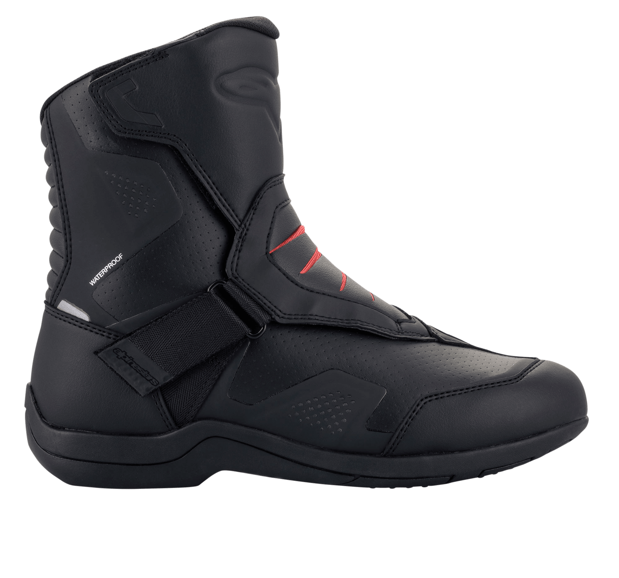 Alpinestars Ridge V2 Waterproof Boot, zwart met rode accenten, touring motorlaars, middelhoge schacht, klittenbandsluiting, geperforeerde ventilatiepanelen, versterkte hiel en neus, synthetisch leer