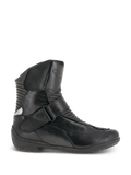 Alpinestars Stella Valencia Waterproof Boots, Women's Motorcycle Touring Boots, Black, side profile view, leather construction with front and rear accordion flex zones, instep buckle strap, and textured rubber sole.