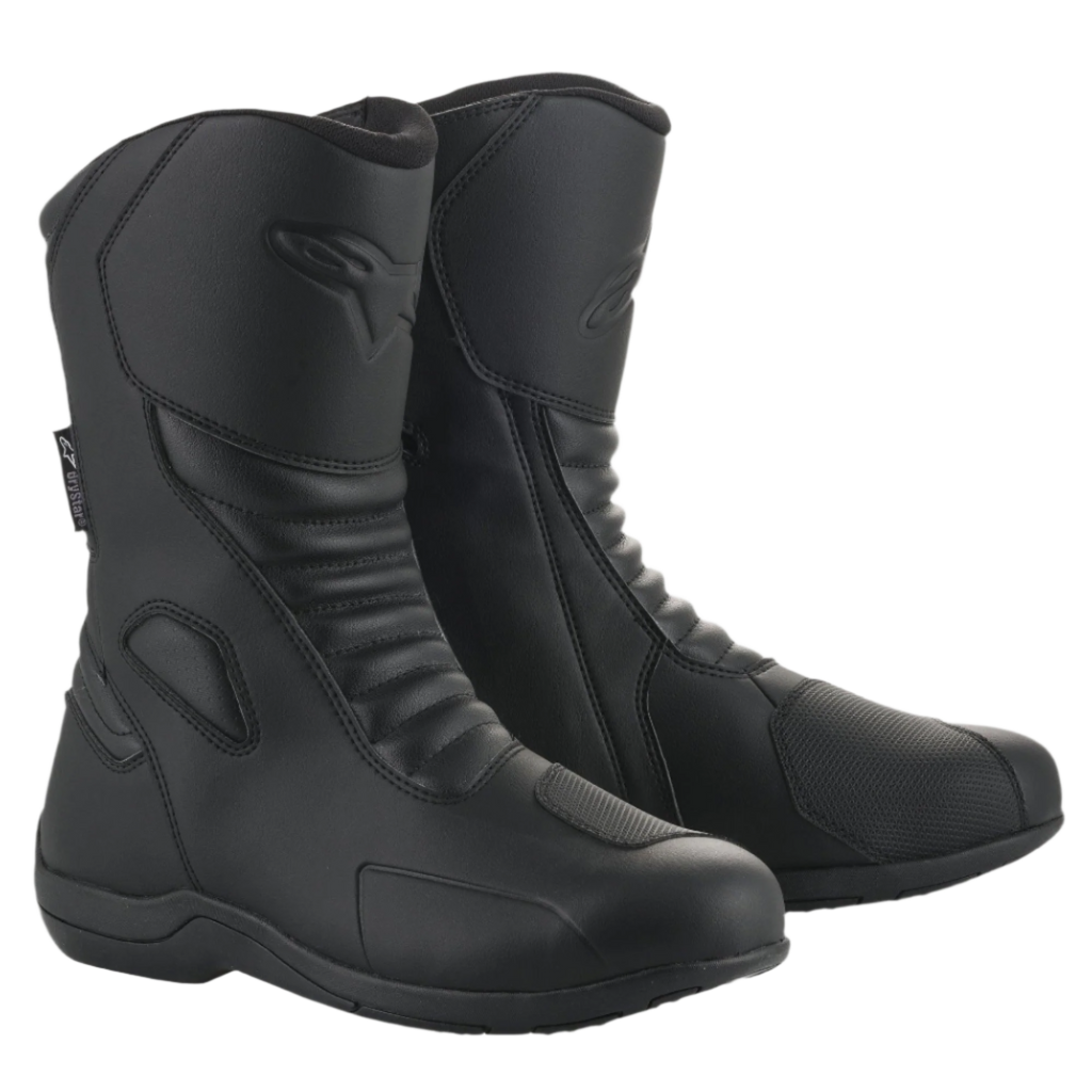 Alpinestars Origin Drystar® laarzen, zwarte motorlaarzen voor touring, microvezel bovenwerk met accordeon-flexzones aan de voorzijde, Alpinestars logo in reliëf op de kuit, synthetisch schakelpad, gestroomlijnd waterdicht ontwerp voor op de weg en adventure ritten
