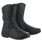 Alpinestars Origin Drystar® laarzen, zwarte motorlaarzen voor touring, microvezel bovenwerk met accordeon-flexzones aan de voorzijde, Alpinestars logo in reliëf op de kuit, synthetisch schakelpad, gestroomlijnd waterdicht ontwerp voor op de weg en adventure ritten