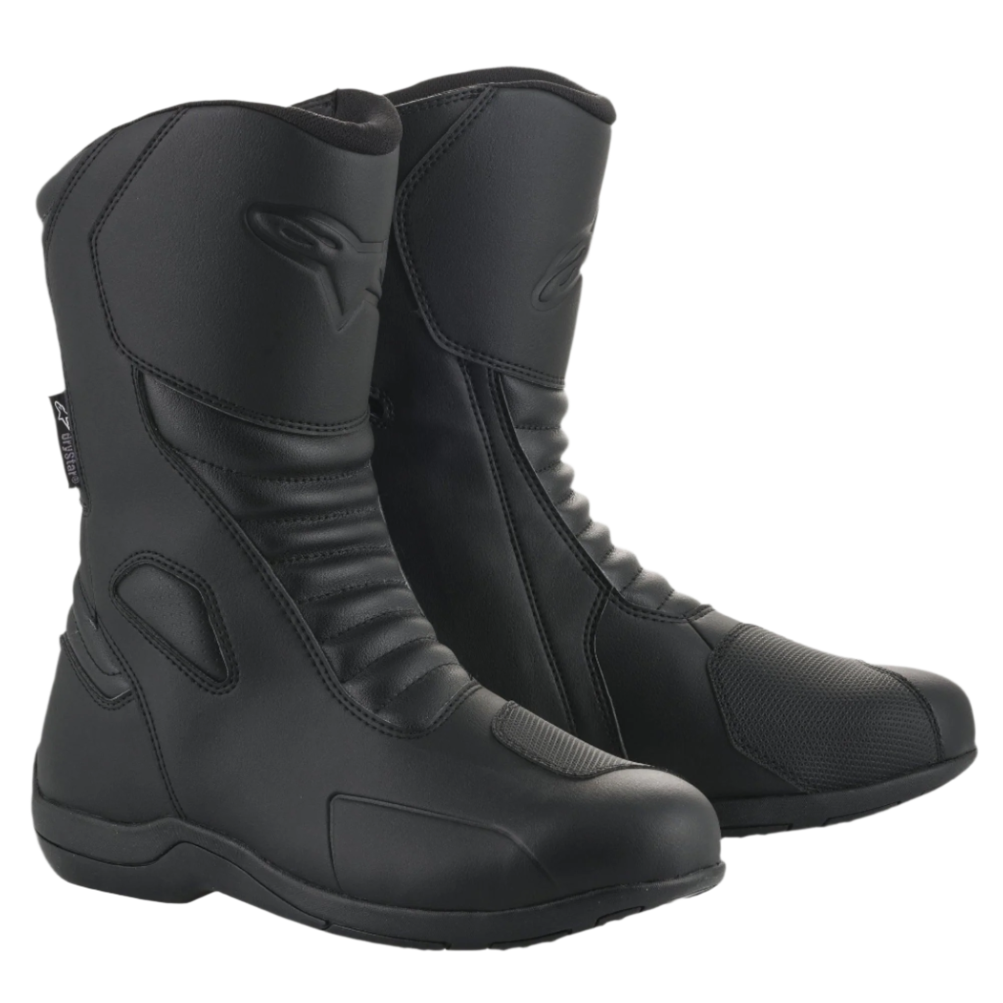 Alpinestars Origin Drystar® laarzen, zwarte motorlaarzen voor touring, microvezel bovenwerk met accordeon-flexzones aan de voorzijde, Alpinestars logo in reliëf op de kuit, synthetisch schakelpad, gestroomlijnd waterdicht ontwerp voor op de weg en adventure ritten