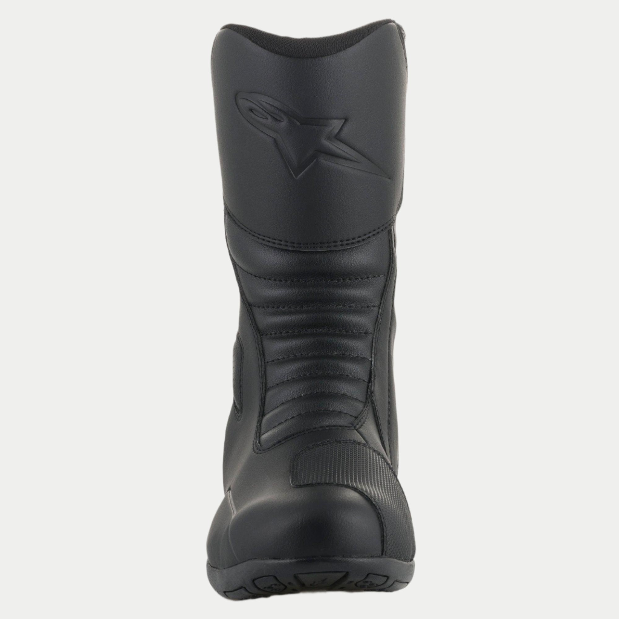 Alpinestars Origin Drystar® laarzen, zwarte touring motorlaarzen, vooraanzicht met accordeon-flexzones, reliëflogo op de scheen, duurzame microvezelconstructie met synthetisch schakelpad