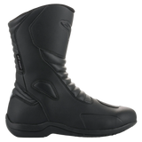 Alpinestars Origin Drystar Boots, Black Motorcycle Boots, side profile view, waterproof touring footwear with microfiber upper and accordion flex panels for flexibility.