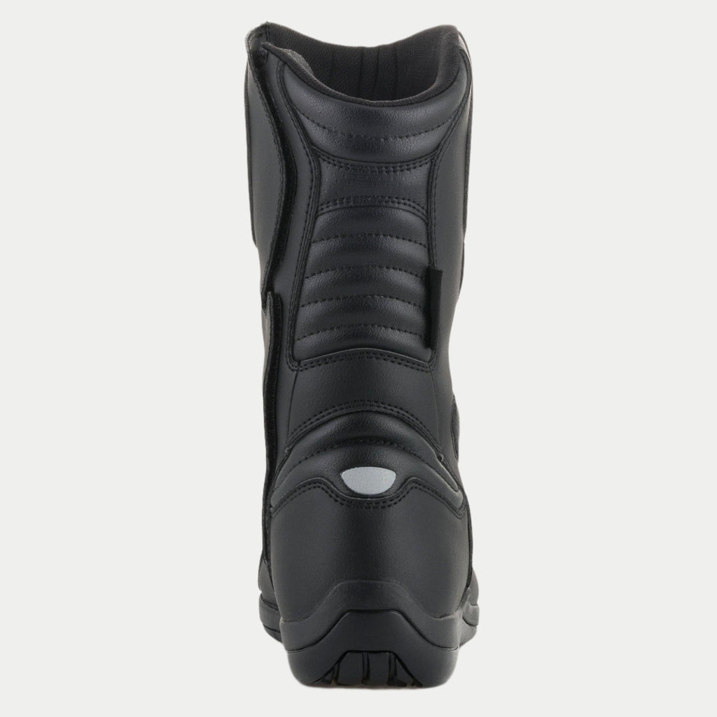 Alpinestars Origin Drystar® laarzen, touring motorlaarzen, zwart, achteraanzicht met accordeon-flexzones op de achillespees en kuit, reflecterend hieldetail en duurzame microvezelconstructie