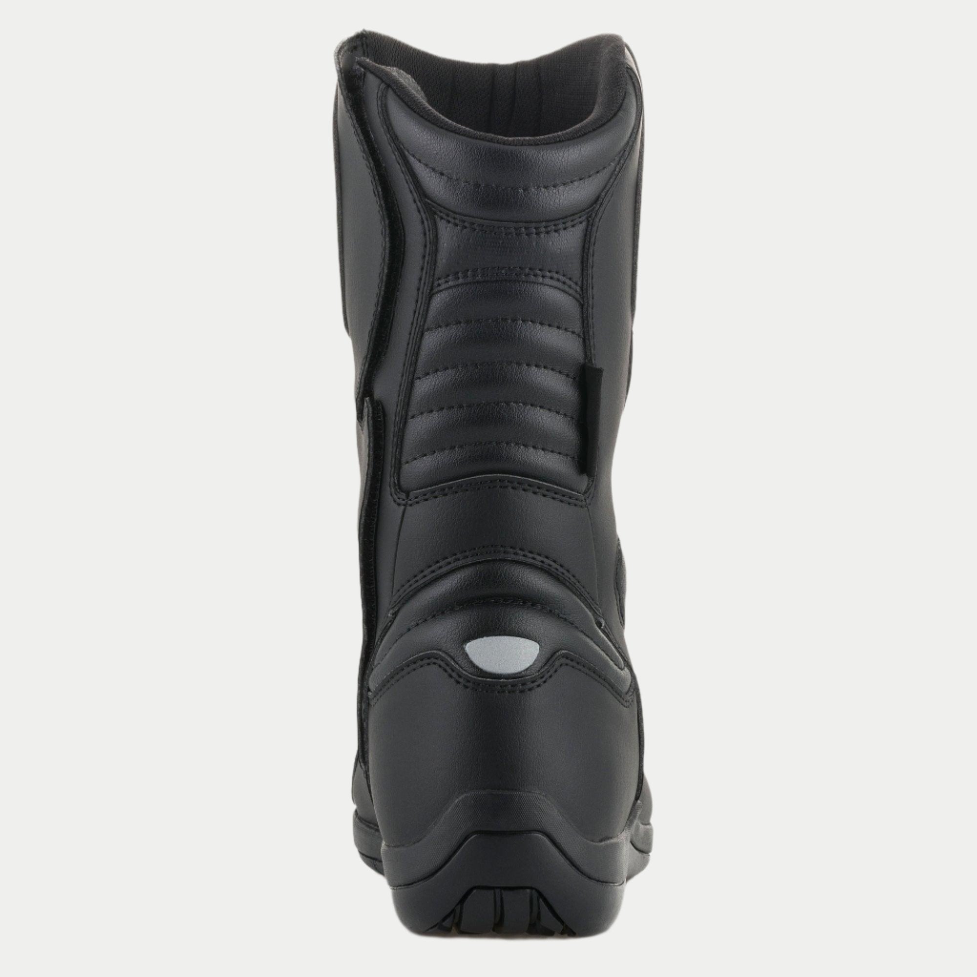 Alpinestars Origin Drystar® laarzen, touring motorlaarzen, zwart, achteraanzicht met accordeon-flexzones op de achillespees en kuit, reflecterend hieldetail en duurzame microvezelconstructie