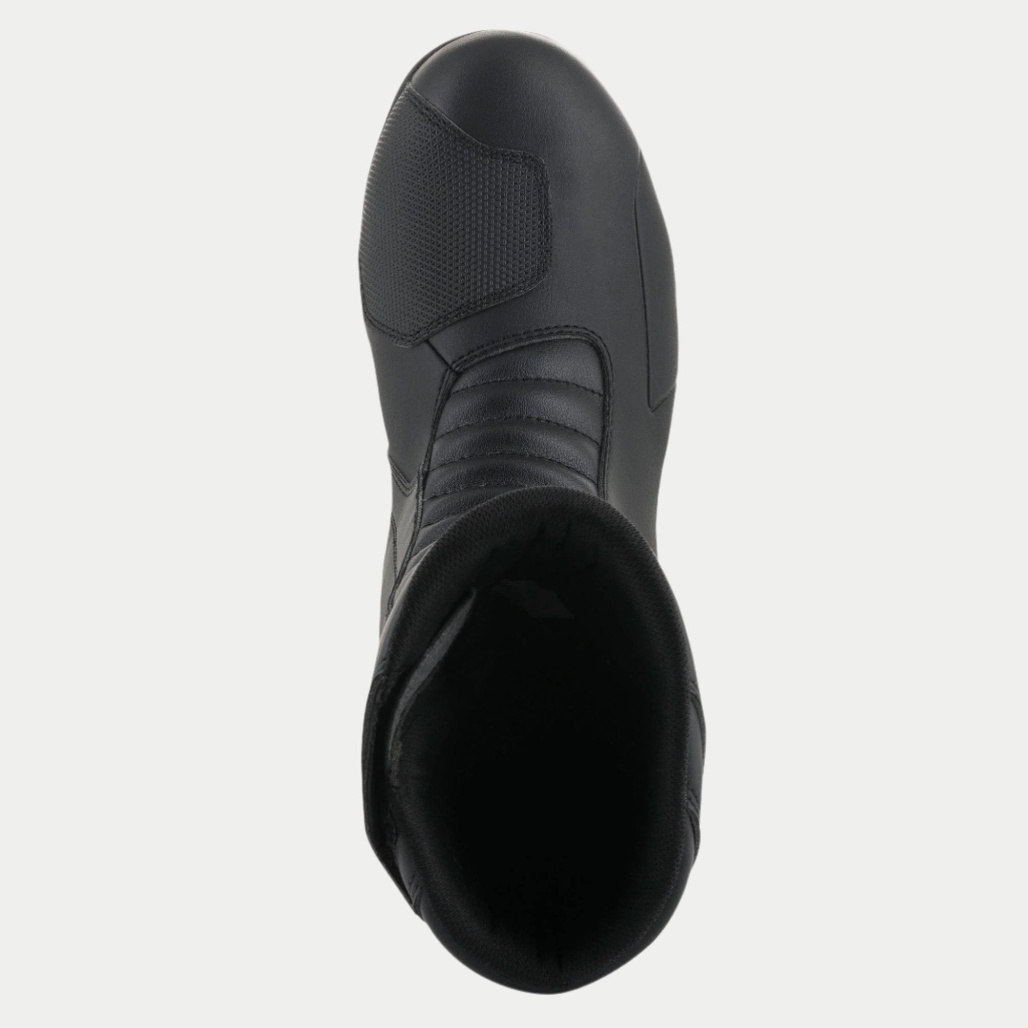 Alpinestars Origin Drystar® laarzen, zwart, bovenaanzicht met de synthetische schakelpad en accordeon-flexzone aan de voorzijde, duurzame microfiber constructie, waterdichte touring en adventure motorlaarzen