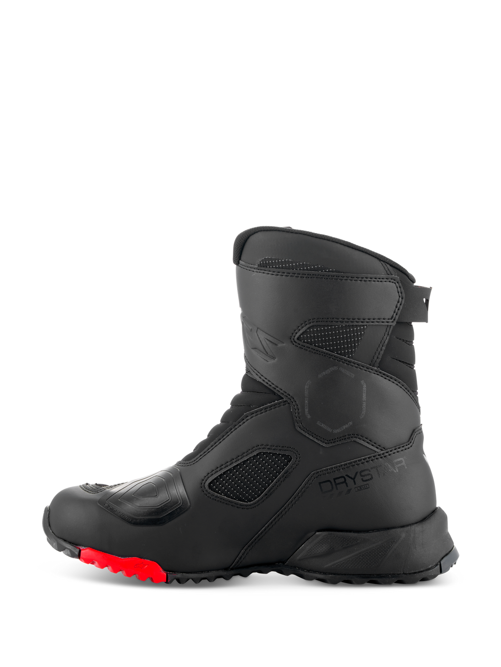 Alpinestars RT-7 Drystar® Boots, Motorcycle Touring Boots, Black and Red, side profile view featuring Drystar logo, reinforced shift pad, and durable lugged sole with red accents for adventure riding.