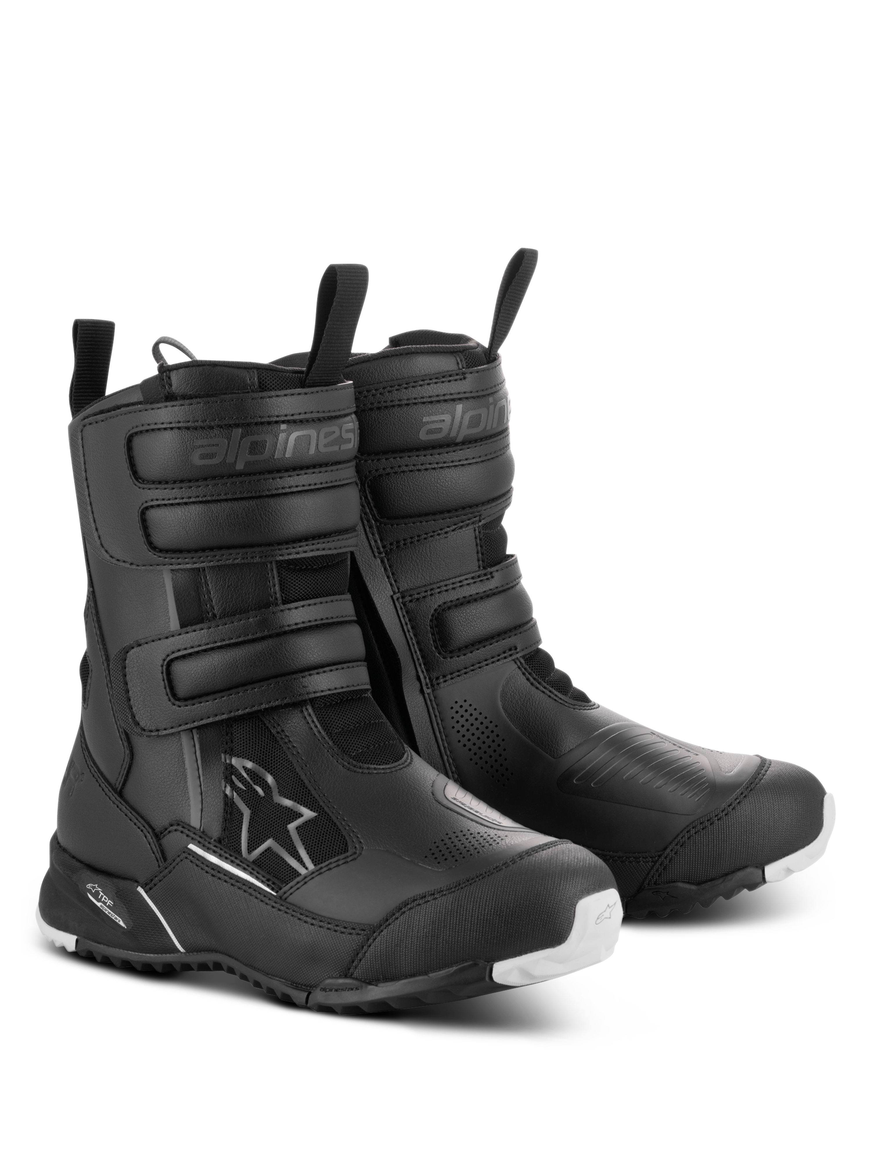 Alpinestars Stella RT-7 Touring Drystar® dameslaarzen, zwarte waterdichte touring-motorlaarzen, voorzien van drie klittenbandsluitingen, dubbele ritssluiting en een robuuste buitenzool met witte accenten