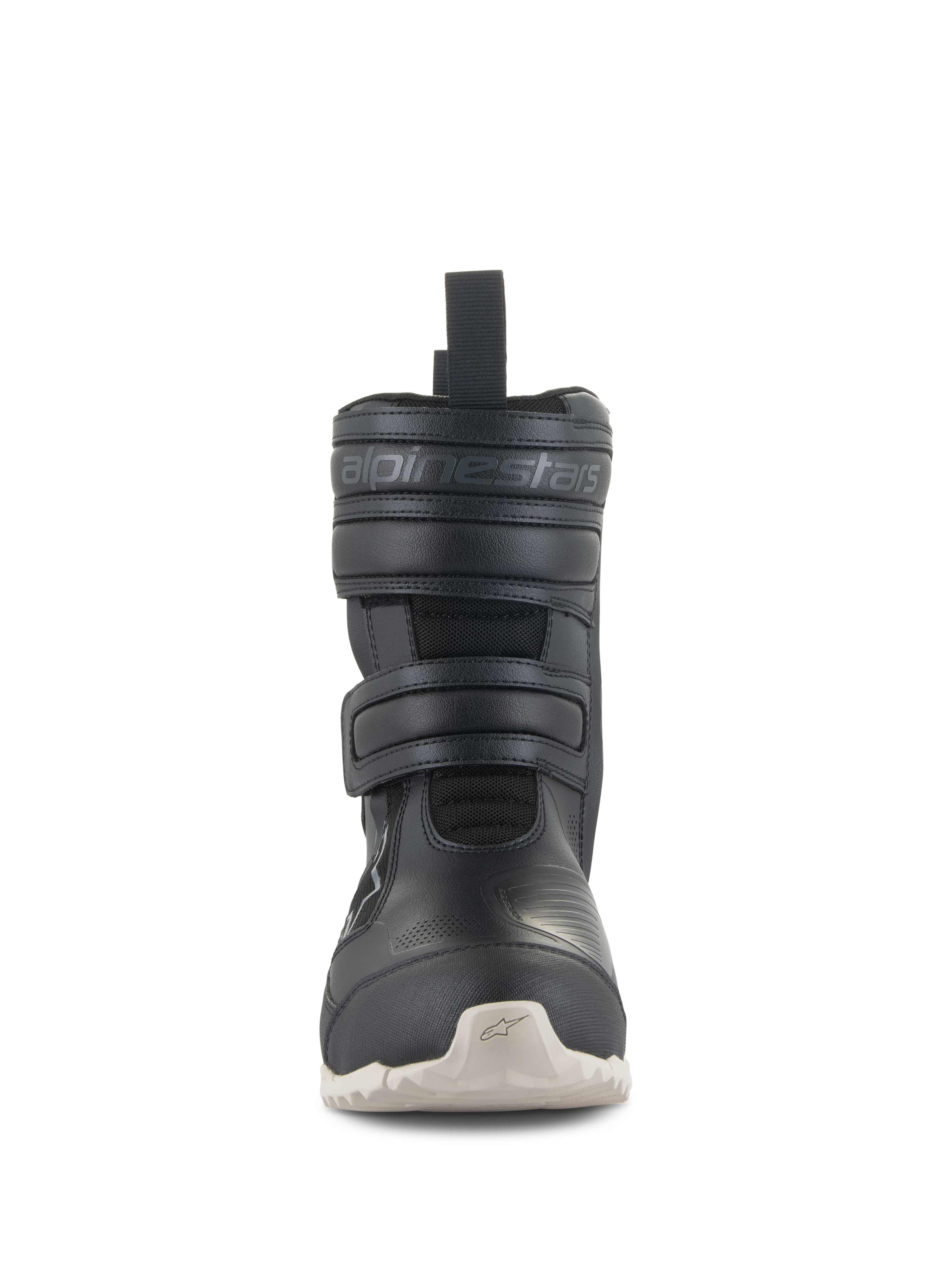 Alpinestars Stella RT-7 Touring Drystar® laarzen, motor touringlaarzen voor dames, zwart, vooraanzicht met dubbele klittenbandsluitingen, Alpinestars-branding in reliëf, technisch microvezel bovenwerk en lichtgekleurde profielzool