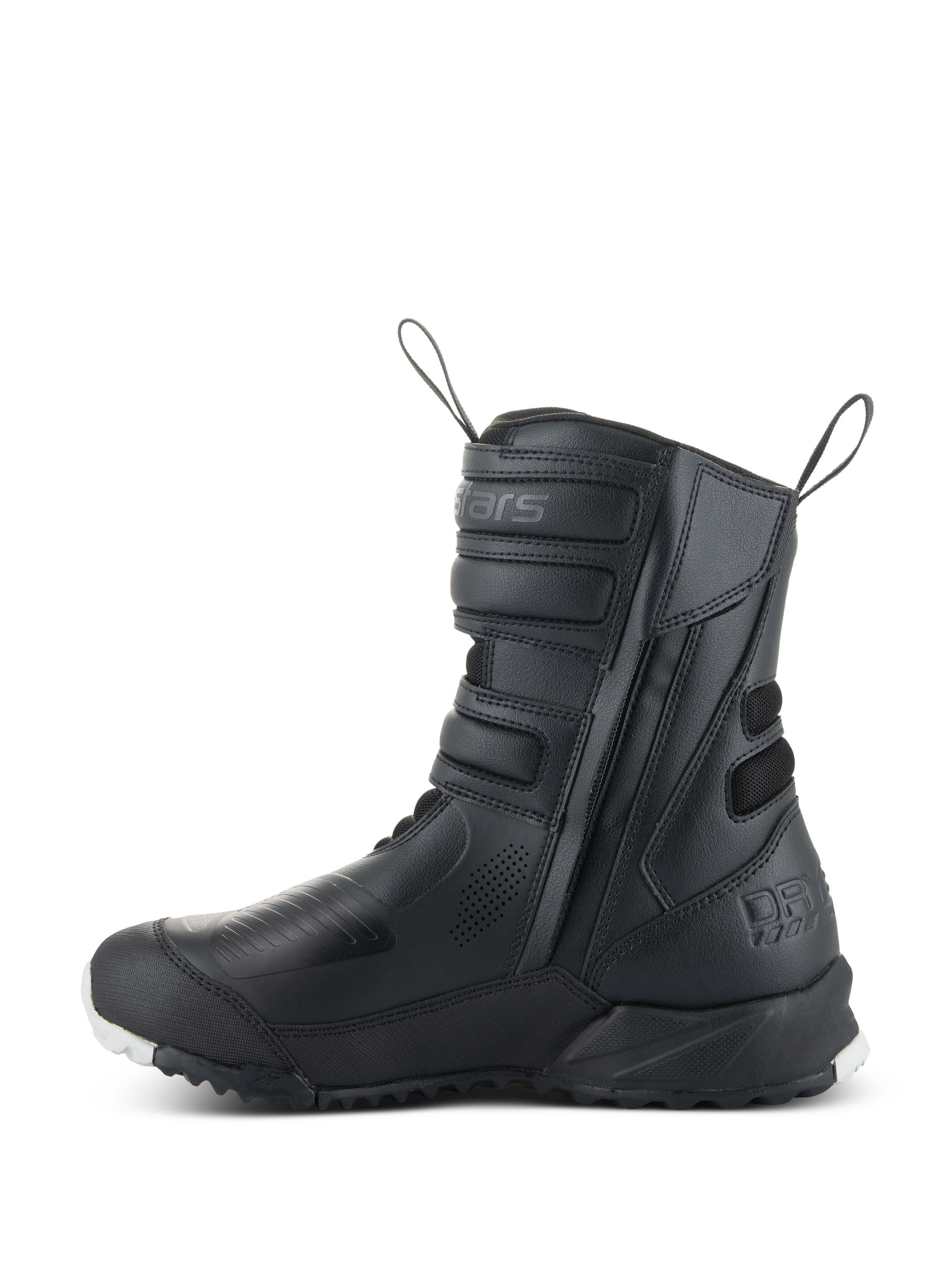 Alpinestars Stella RT-7 Touring Drystar® dameslaarzen, touring motorlaarzen voor dames, zwart, zijaanzicht met dubbele ritssluiting, klittenbandverstellers, versterkte beschermingszones en een robuuste zool voor adventure ritten