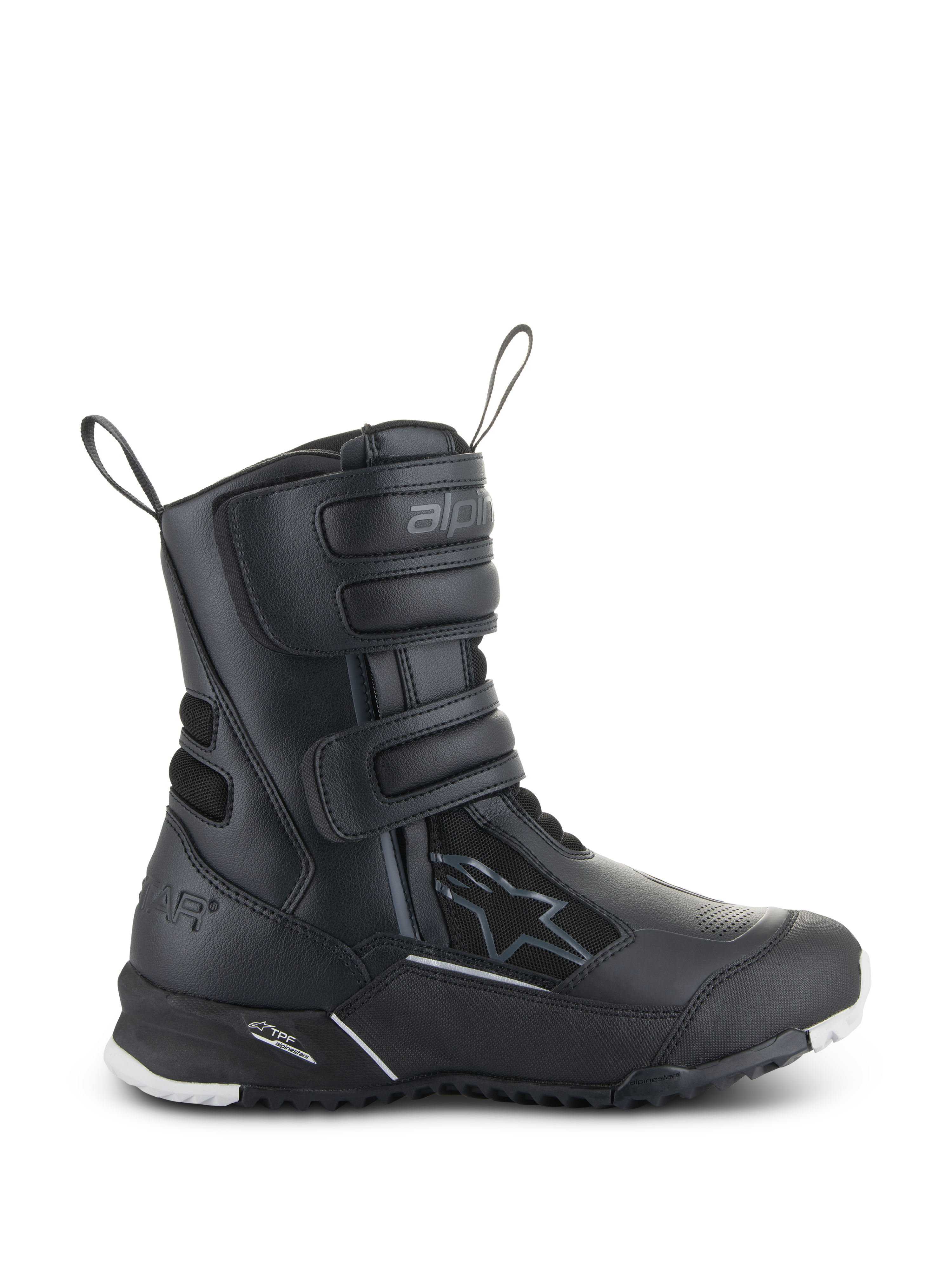 Alpinestars Stella RT-7 Touring Drystar dames motorlaarzen, zwarte motor toerlaarzen, zijaanzicht met drie klittenbandsluitingen, waterdicht bovenwerk van microvezel en textiel, versterkte hiel met sterlogo en duurzame profielzool met witte accenten