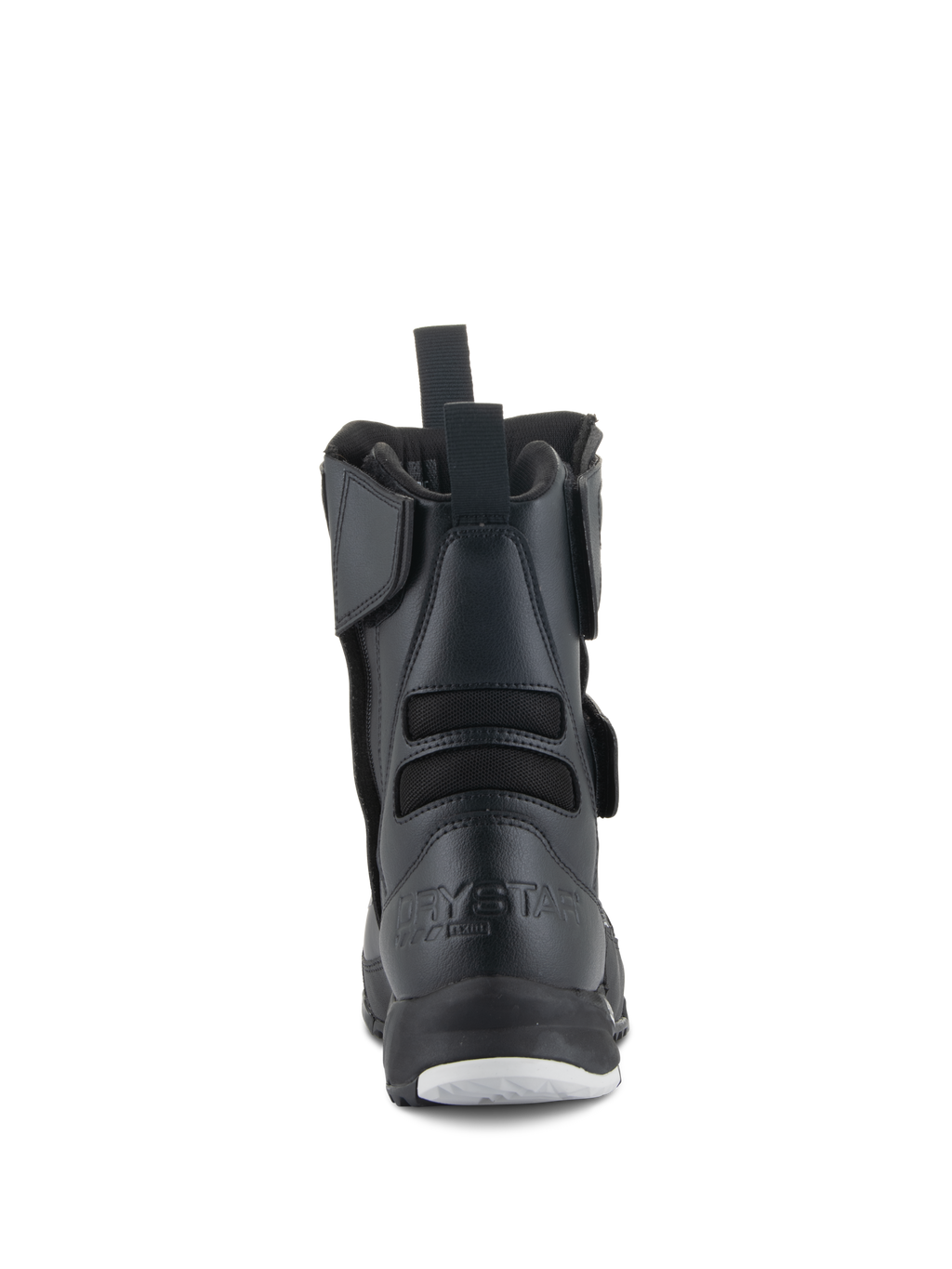 Alpinestars Stella RT-7 Touring Drystar® dameslaarzen, motorlaarzen voor dames, zwart, achteraanzicht met Drystar-logo in reliëf op de hiel, aantreklus aan de achterkant en flexibele textielbalgen voor extra bewegingsvrijheid.