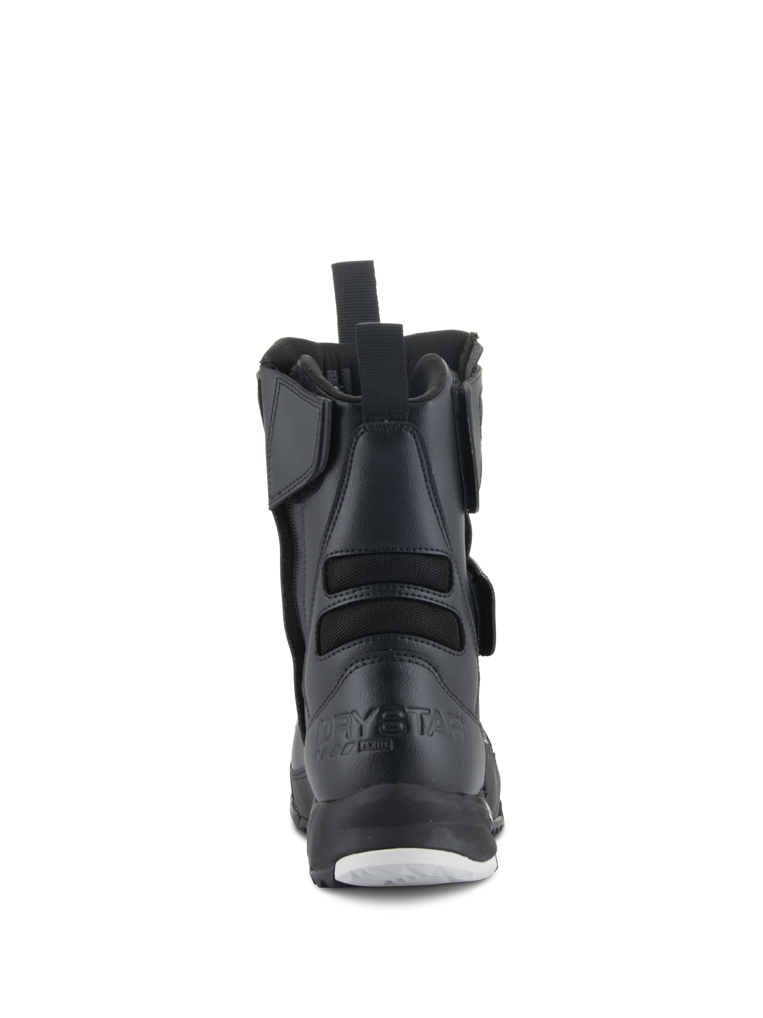 Alpinestars Stella RT-7 Touring Drystar® dameslaarzen, motorlaarzen voor dames, zwart, achteraanzicht met Drystar-logo in reliëf op de hiel, aantreklus aan de achterkant en flexibele textielbalgen voor extra bewegingsvrijheid.