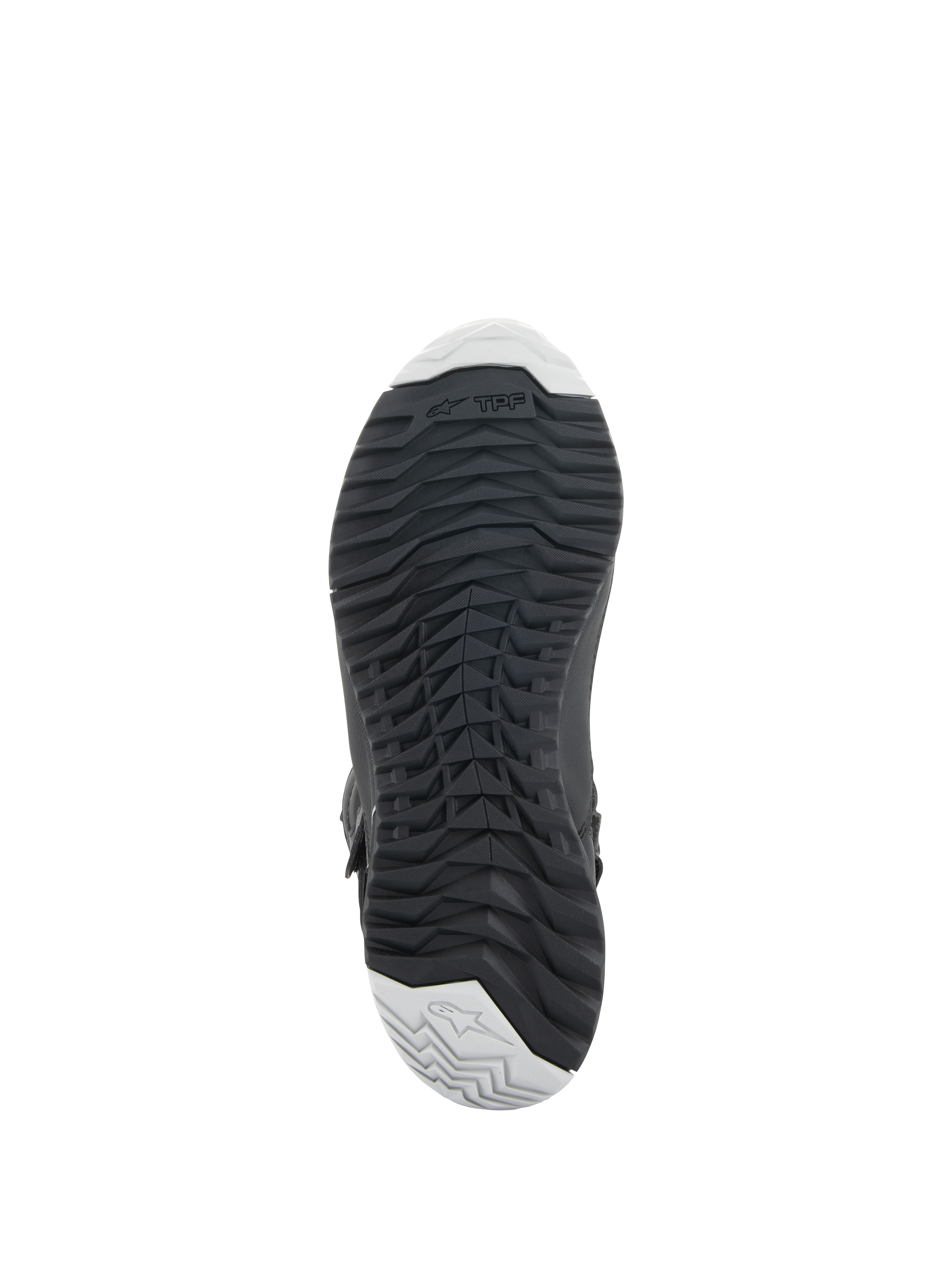 Alpinestars Stella RT-7 Touring Drystar® dameslaarzen, zwart, onderaanzicht van de duurzame rubberen buitenzool met een robuust noppenpatroon voor grip, TPF (Transversal Protection Frame) branding en lichtgrijze accenten bij de teen en hiel.