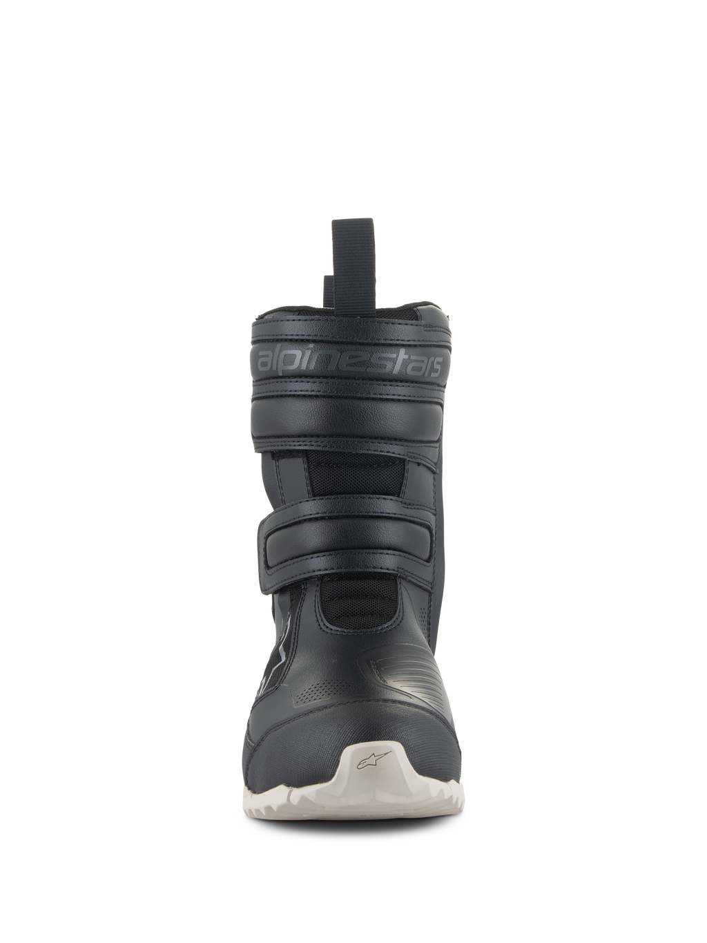 Alpinestars Stella RT-7 Touring Drystar® dameslaarzen, zwarte motor-toerlaarzen met witte zool, vooraanzicht met dubbele klittenbandsluiting en Alpinestars-logo in reliëf, technisch ontwerp voor weg- en adventure-rijden