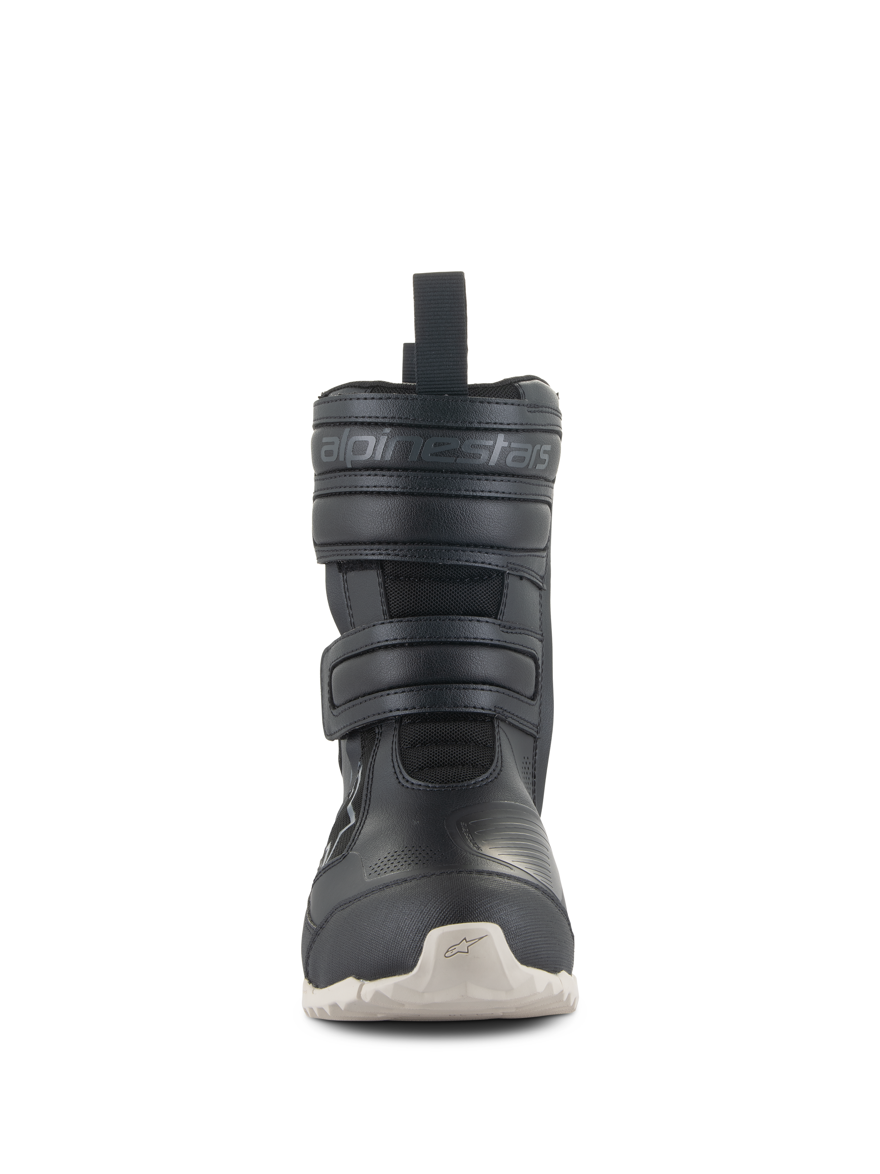 Alpinestars Stella RT-7 Touring Drystar® dameslaarzen, zwarte motor-toerlaarzen met witte zool, vooraanzicht met dubbele klittenbandsluiting en Alpinestars-logo in reliëf, technisch ontwerp voor weg- en adventure-rijden