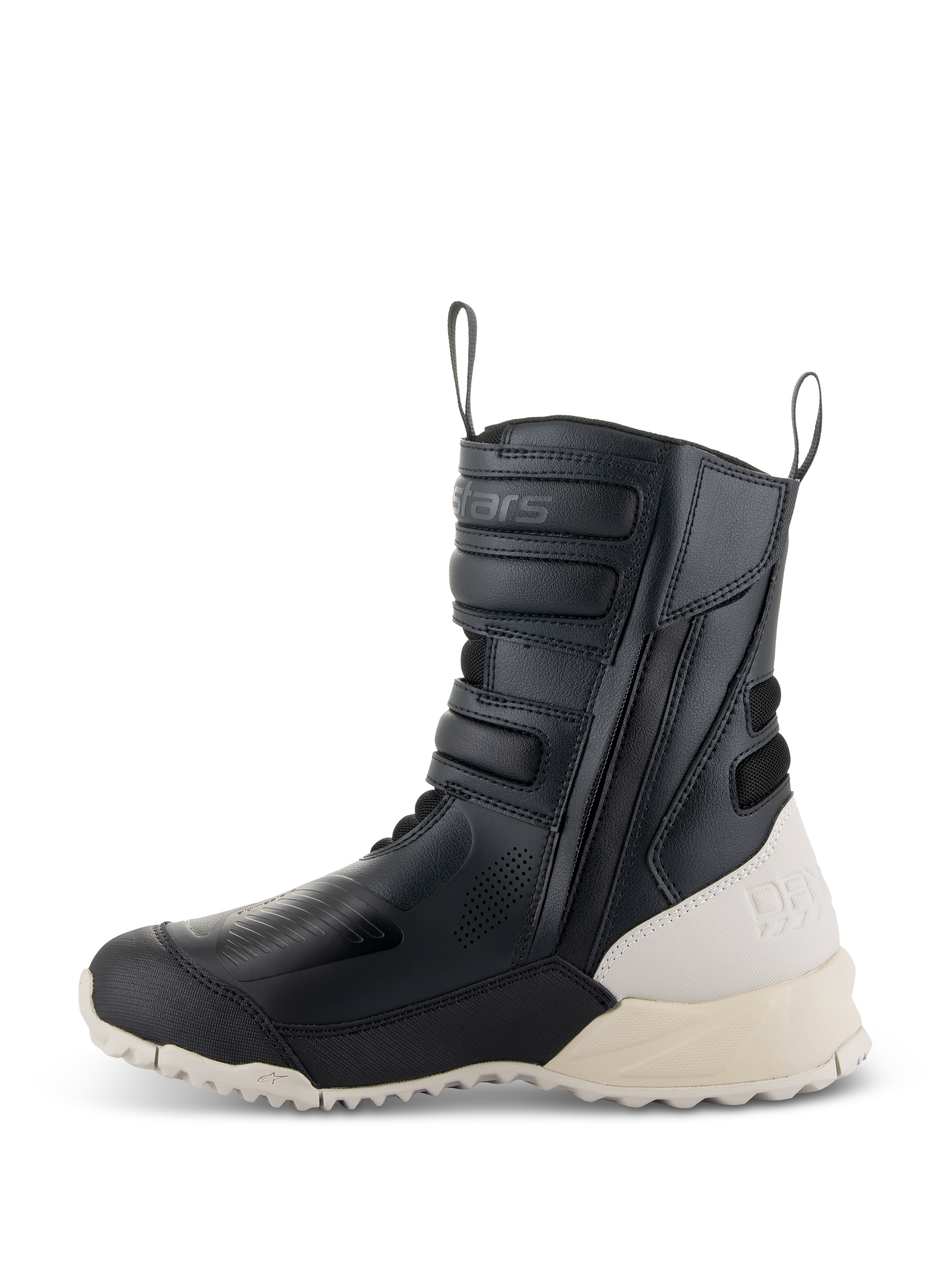 Alpinestars Stella RT-7 Touring Drystar® dameslaarzen, zwart en wit, zijprofiel van een hoge touring motorlaars met microvezelconstructie, ritssluiting aan de zijkant met verstelbare bandjes en een contrasterende gebroken witte hiel en zool.