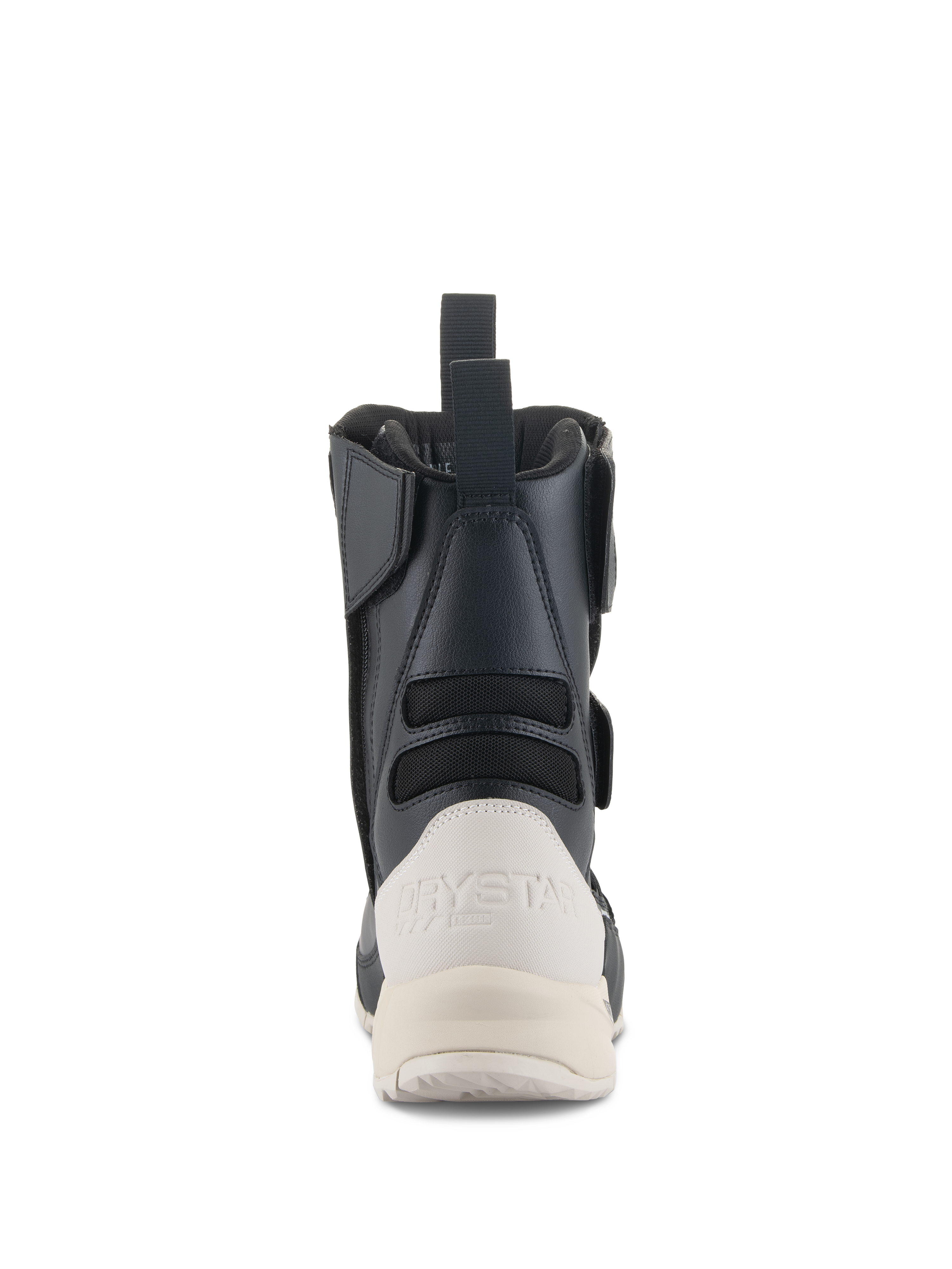 Alpinestars Stella RT-7 Touring Drystar® dameslaarzen, achteraanzicht, zwart en wit, met een witte versterkte hielkap voorzien van Drystar-branding, een treklus aan de achterzijde en textiele accordeonpanelen voor flexibiliteit.