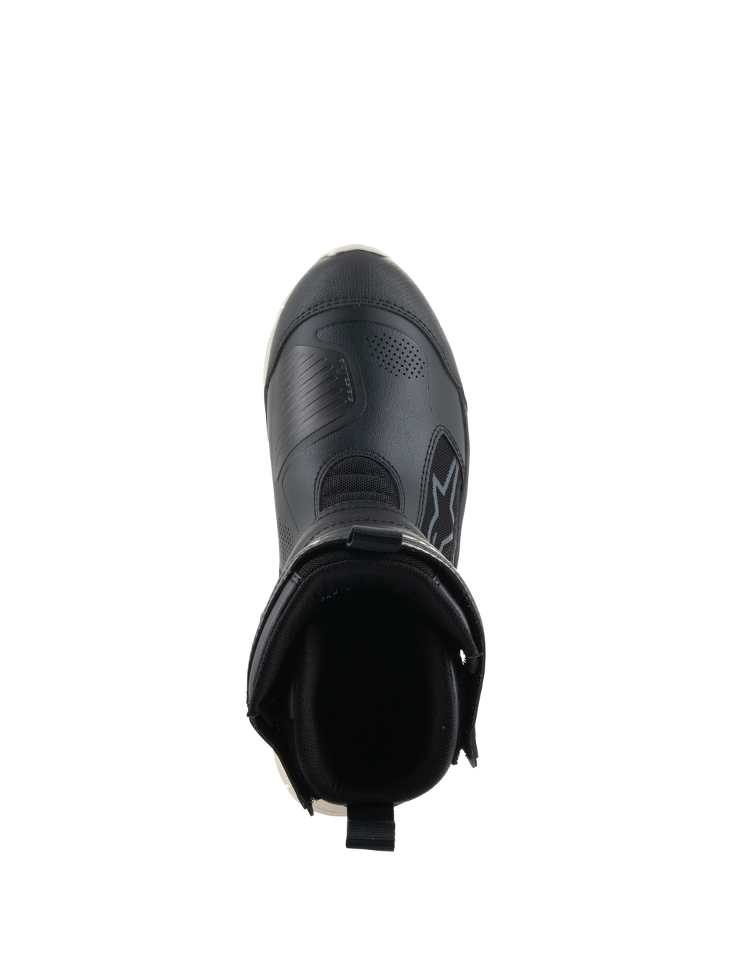 Alpinestars Stella RT-7 Touring Drystar® laarzen, tourlaarzen voor dames, zwart en wit, bovenaanzicht kijkend in de opening van de laars, voorzien van een gevoerde kraag, hiellus aan de achterzijde en een duurzaam bovenwerk van microvezel met Alpinestars-branding