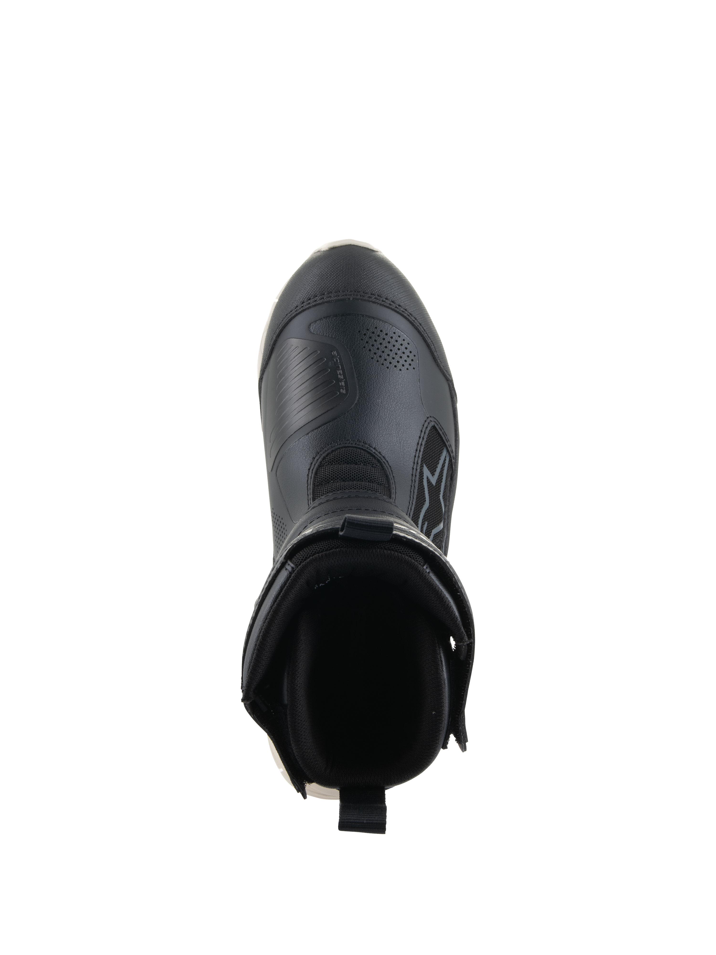 Alpinestars Stella RT-7 Touring Drystar® laarzen, tourlaarzen voor dames, zwart en wit, bovenaanzicht kijkend in de opening van de laars, voorzien van een gevoerde kraag, hiellus aan de achterzijde en een duurzaam bovenwerk van microvezel met Alpinestars-branding