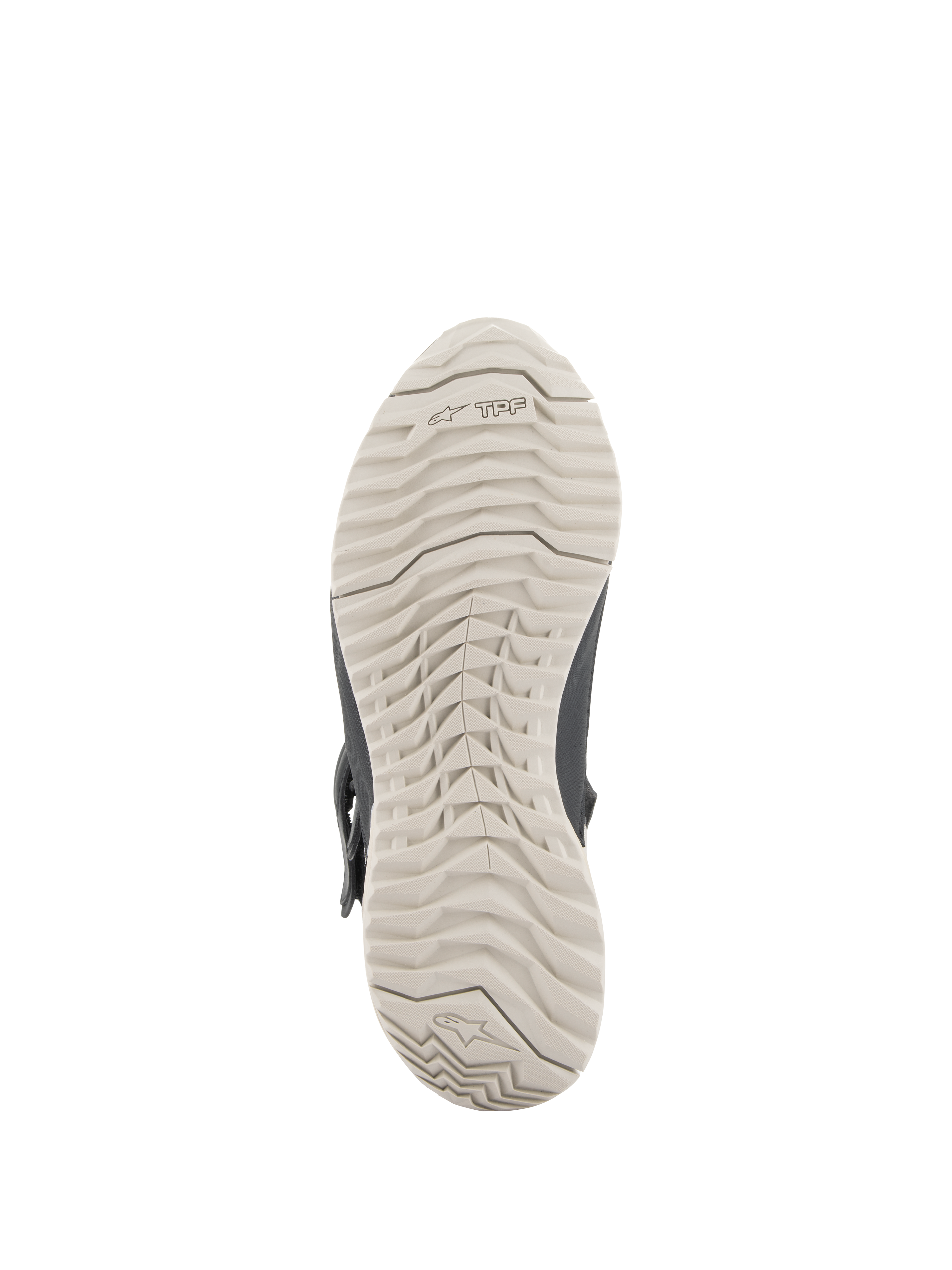 Alpinestars Stella RT-7 Touring Drystar® dameslaarzen, zicht op de loopzool, lichtgrijze rubberen zool met een duurzaam noppenpatroon en TPF-logo, ontworpen voor tractie en ondersteuning door het transversale beschermingsframe