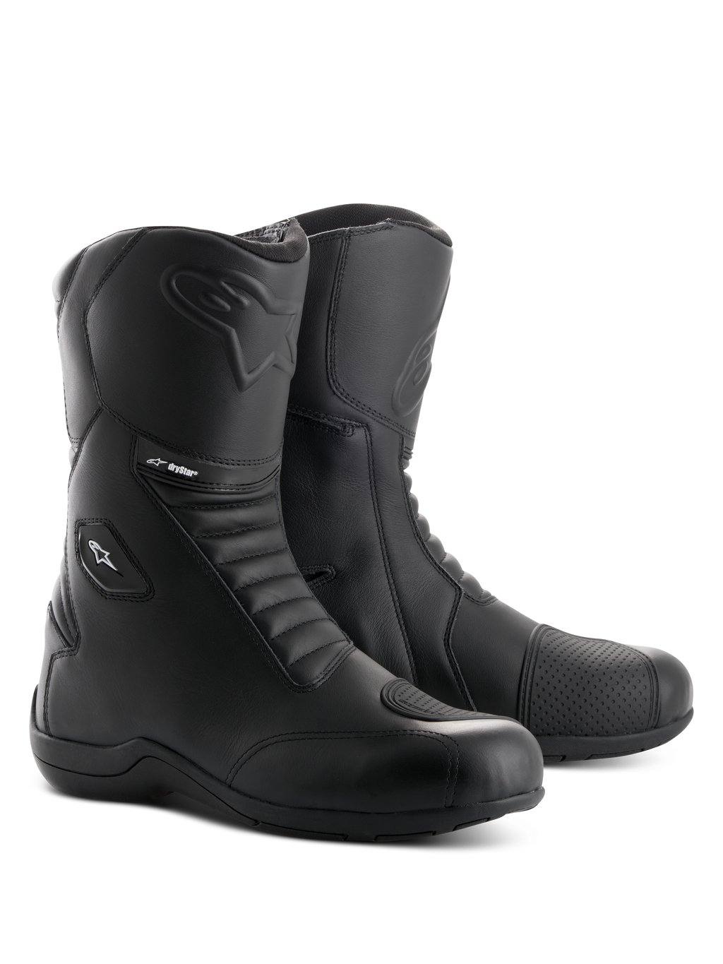 Alpinestars Andes V2 Drystar laarzen, zwarte motor touringlaarzen, waterdichte lederen constructie met accordeon-flexpanelen voor en achter, zijrits met flap-sluiting, voorzien van Alpinestars logo in reliëf en Drystar-branding, duurzaam schoeisel voor weg- en avontuurlijke ritten