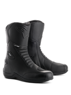 Alpinestars Andes V2 Drystar laarzen, zwarte motor touringlaarzen, waterdichte lederen constructie met accordeon-flexpanelen voor en achter, zijrits met flap-sluiting, voorzien van Alpinestars logo in reliëf en Drystar-branding, duurzaam schoeisel voor weg- en avontuurlijke ritten