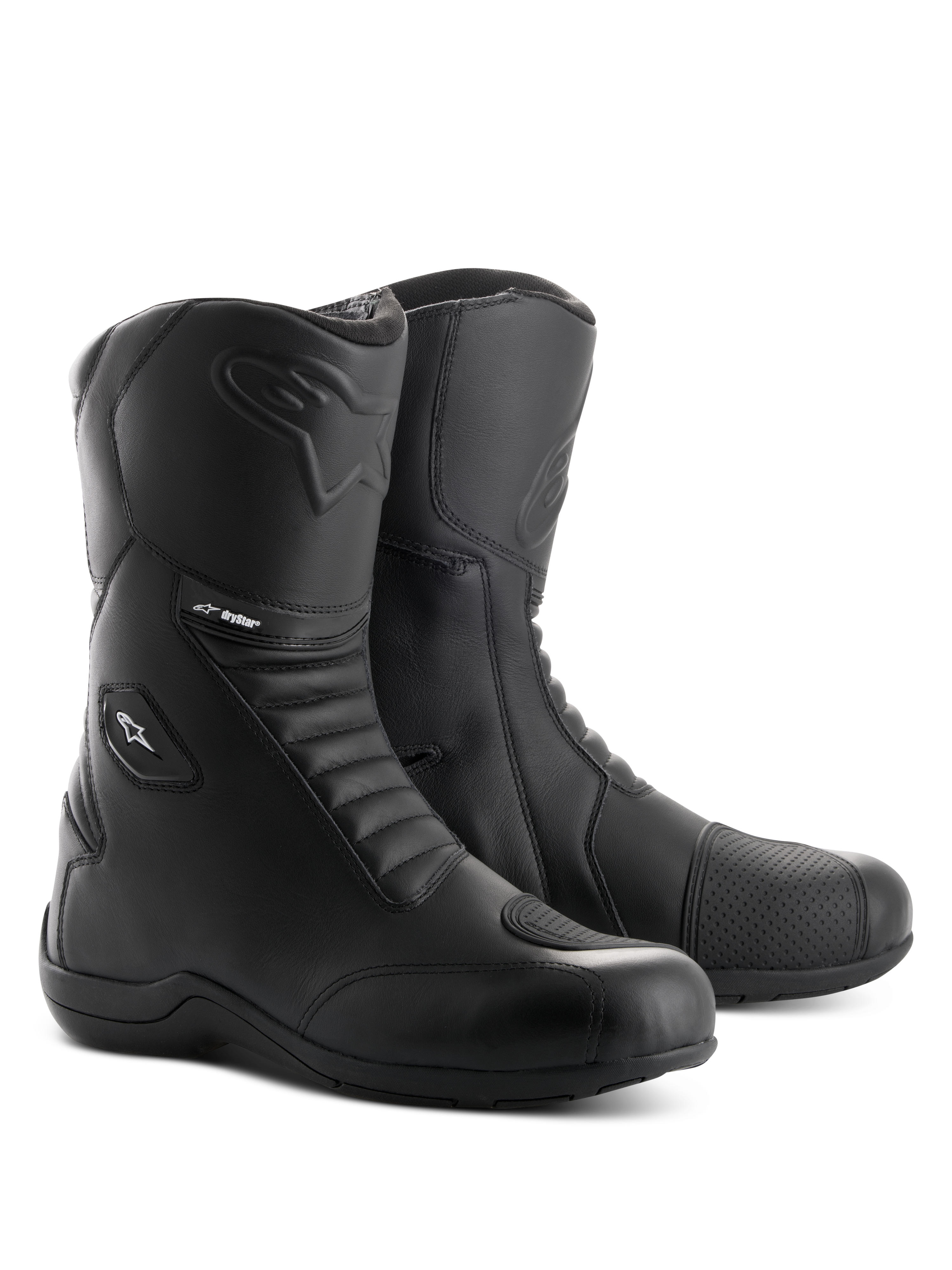 Alpinestars Andes V2 Drystar laarzen, zwarte motor touringlaarzen, waterdichte lederen constructie met accordeon-flexpanelen voor en achter, zijrits met flap-sluiting, voorzien van Alpinestars logo in reliëf en Drystar-branding, duurzaam schoeisel voor weg- en avontuurlijke ritten