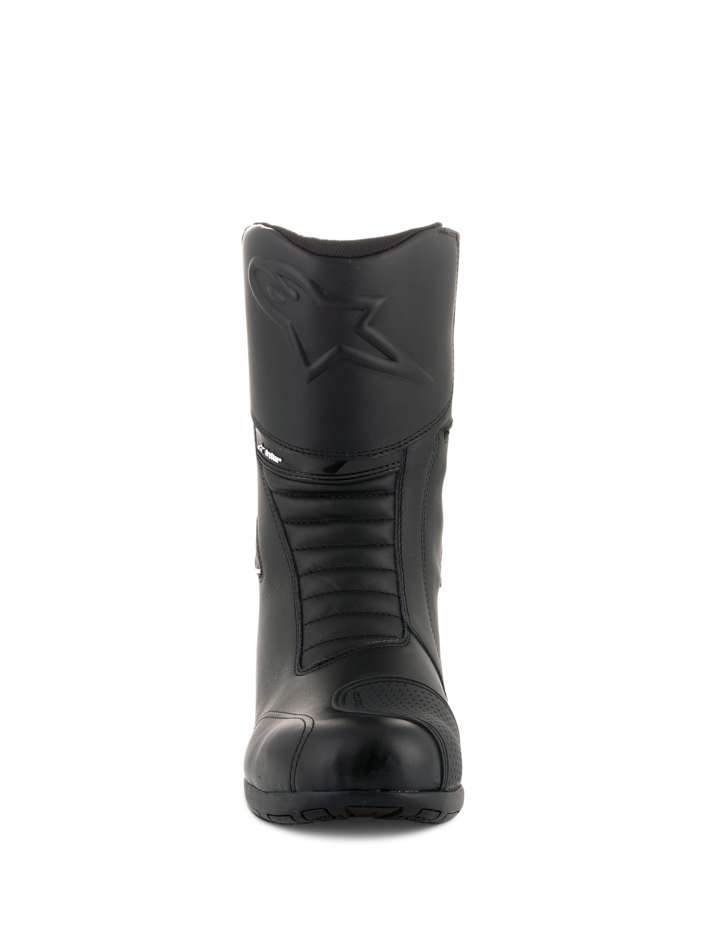 Alpinestars Andes V2 Drystar® laarzen, zwarte touring motorlaarzen, vooraanzicht met reliëf Alpinestars-logo op de scheen, accordeon flexzones voor bewegingsvrijheid, leren constructie met een getextureerd schakelpad