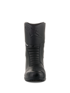Alpinestars Andes V2 Drystar® laarzen, zwarte touring motorlaarzen, vooraanzicht met reliëf Alpinestars-logo op de scheen, accordeon flexzones voor bewegingsvrijheid, leren constructie met een getextureerd schakelpad