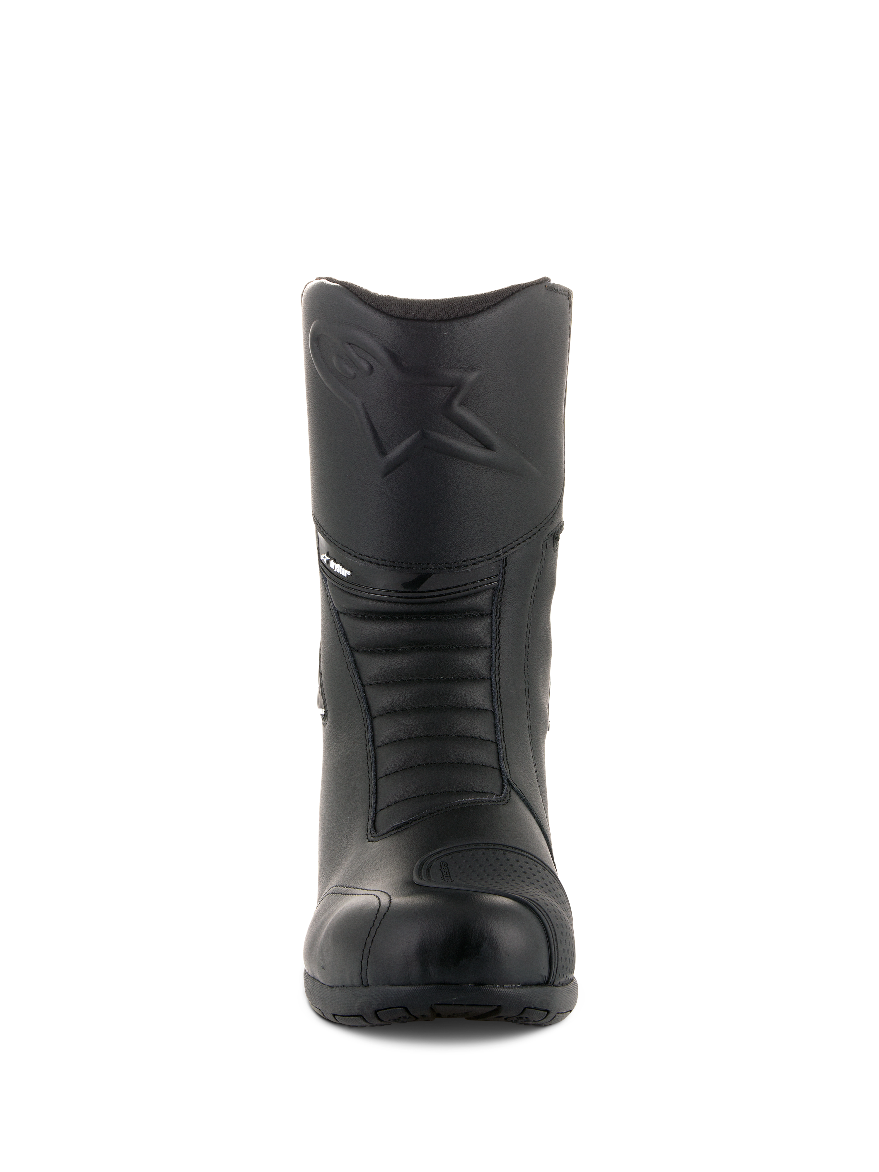 Alpinestars Andes V2 Drystar® laarzen, zwarte touring motorlaarzen, vooraanzicht met reliëf Alpinestars-logo op de scheen, accordeon flexzones voor bewegingsvrijheid, leren constructie met een getextureerd schakelpad