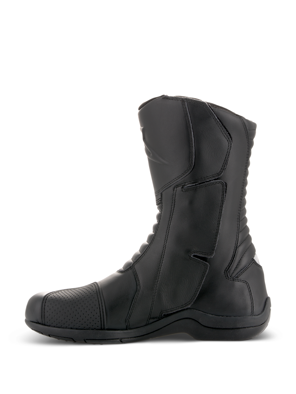 Alpinestars Andes V2 Drystar® laarzen, zwarte motor tourlaarzen, zijaanzicht, waterdichte lederen constructie met versterkte scheenbeschermer en accordeon flex-panelen, adventure motorlaarzen