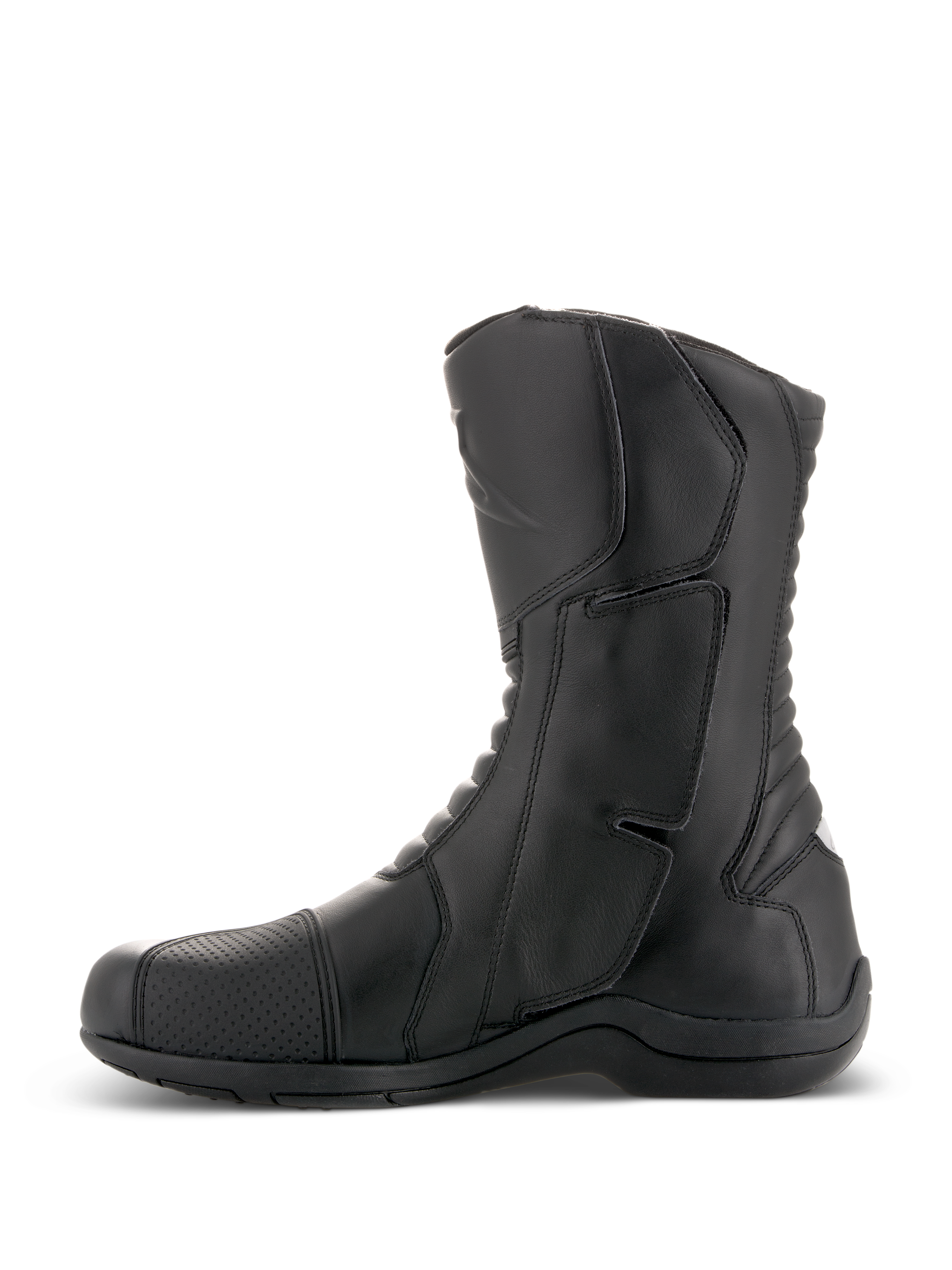 Alpinestars Andes V2 Drystar® laarzen, zwarte motor tourlaarzen, zijaanzicht, waterdichte lederen constructie met versterkte scheenbeschermer en accordeon flex-panelen, adventure motorlaarzen