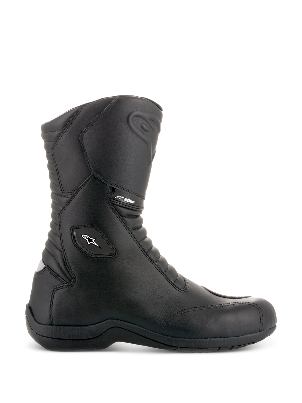 Alpinestars Andes V2 Drystar laarzen, zwarte touring motorlaarzen, hoog model, waterdichte leren constructie, harmonica-stretchpanelen aan de voor- en achterzijde, wit sterlogo en Drystar-branding, stevige zwarte zool, beschermende versterkte enkel en neus
