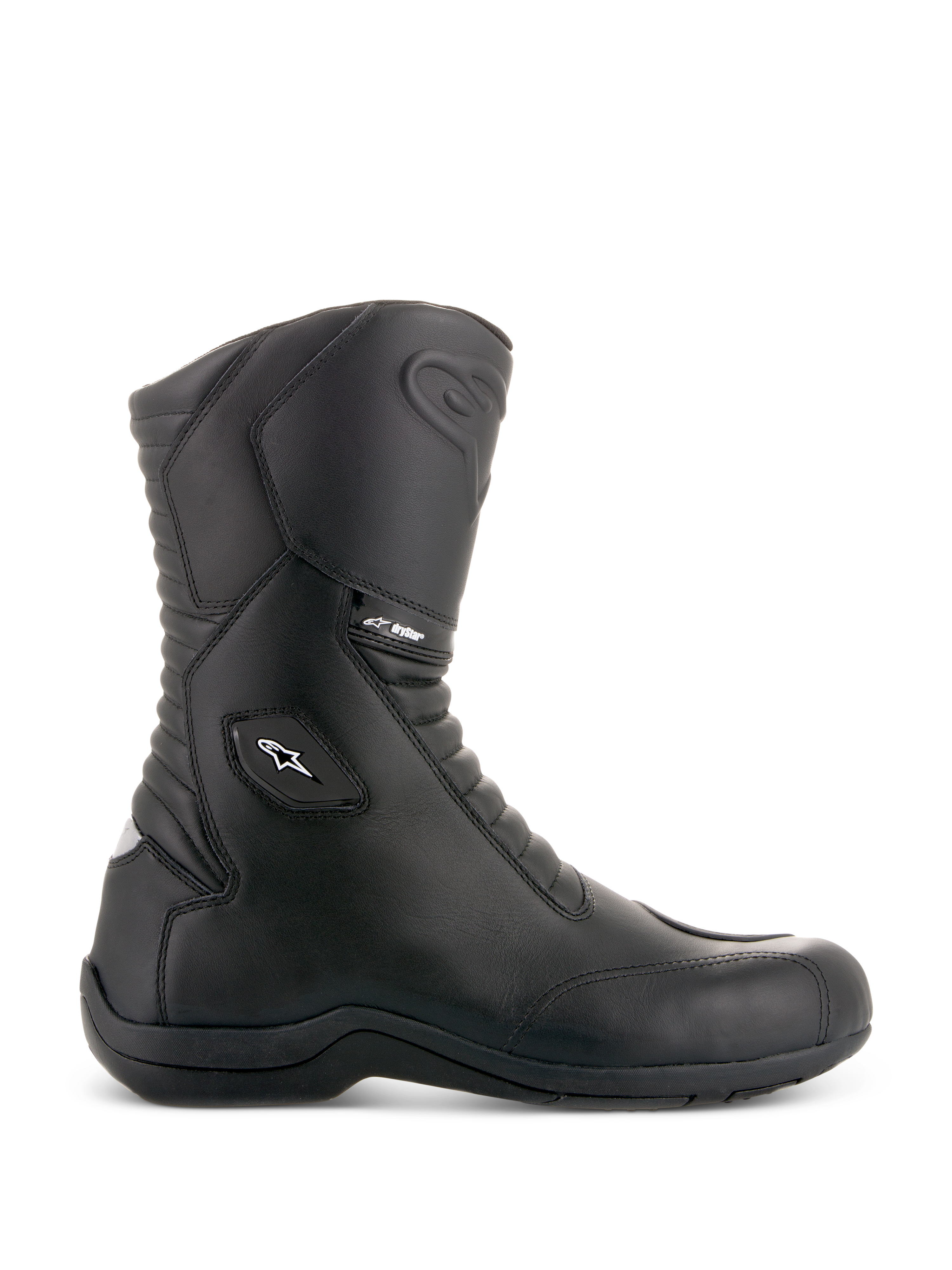 Alpinestars Andes V2 Drystar laarzen, zwarte touring motorlaarzen, hoog model, waterdichte leren constructie, harmonica-stretchpanelen aan de voor- en achterzijde, wit sterlogo en Drystar-branding, stevige zwarte zool, beschermende versterkte enkel en neus